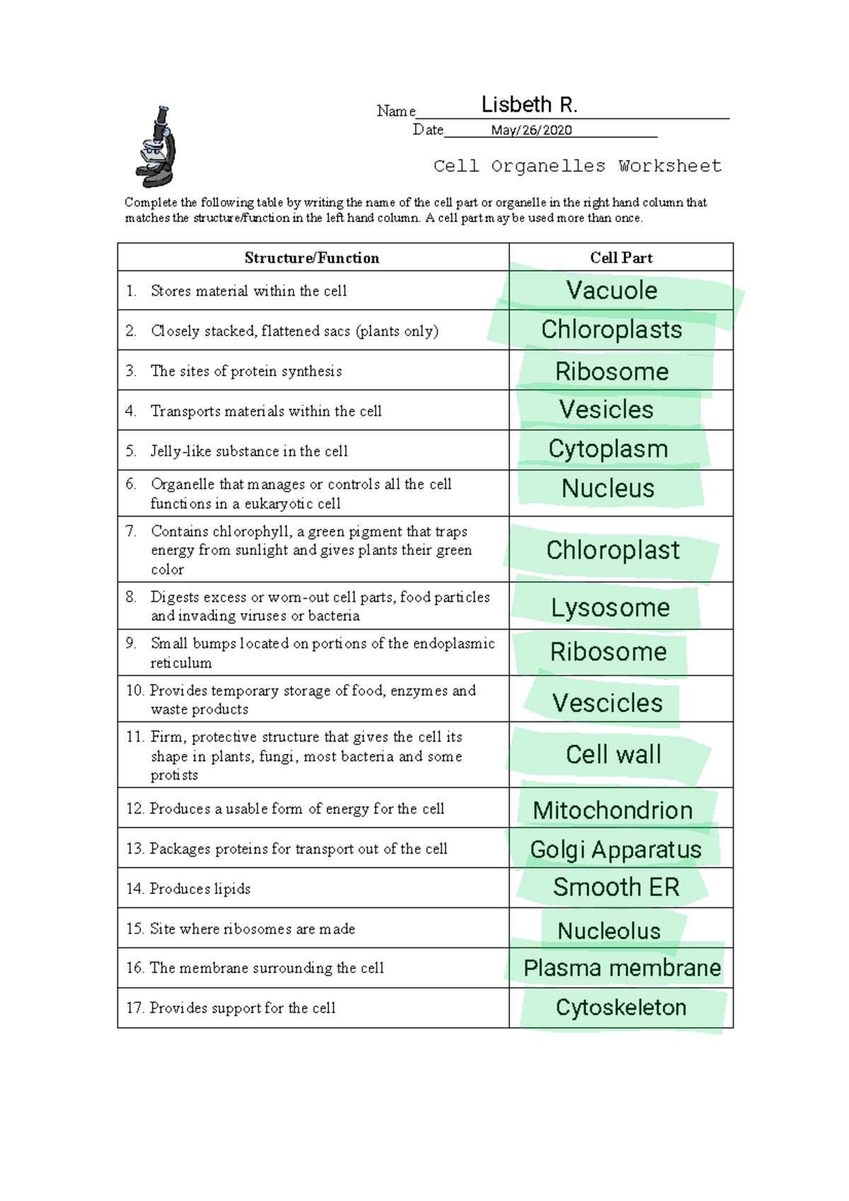 Edited - Cell Organelles Worksheet complete - Name Date Cell Organelles ...