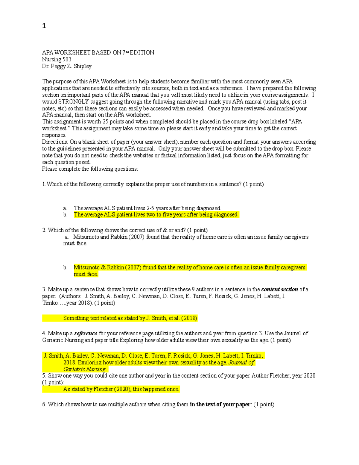 APA Worksheet Based ON 7TH Edition REV - APA WORKSHEET BASED ON 7TH ...