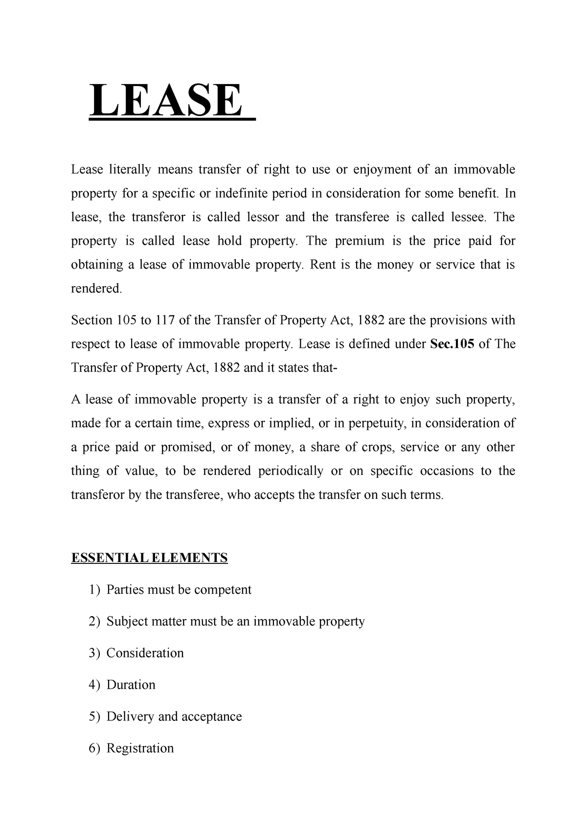 Lease notes - LEASE Lease literally means transfer of right to use or ...