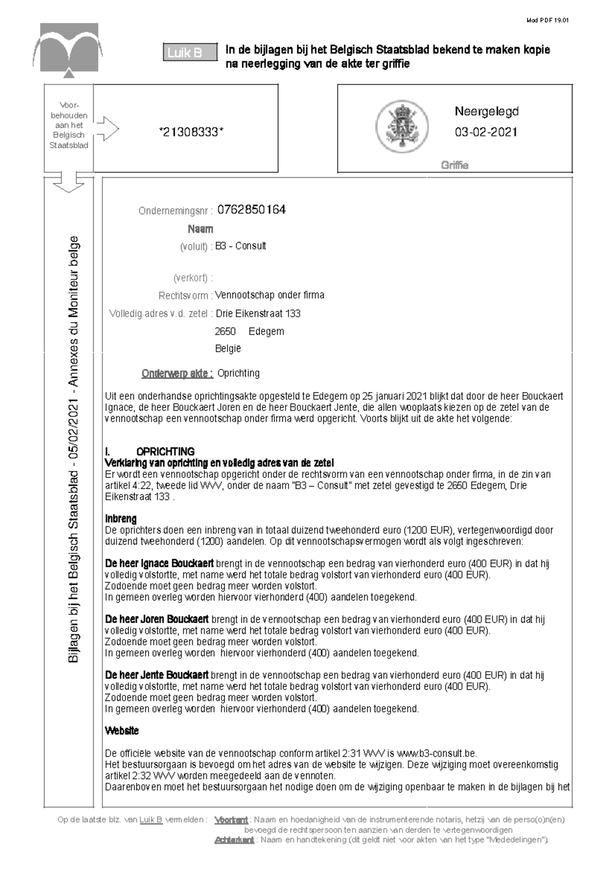 Voorbeeld Publicatie BS 5.02.2021 Oprichting VOF - In De Bijlagen Bij ...