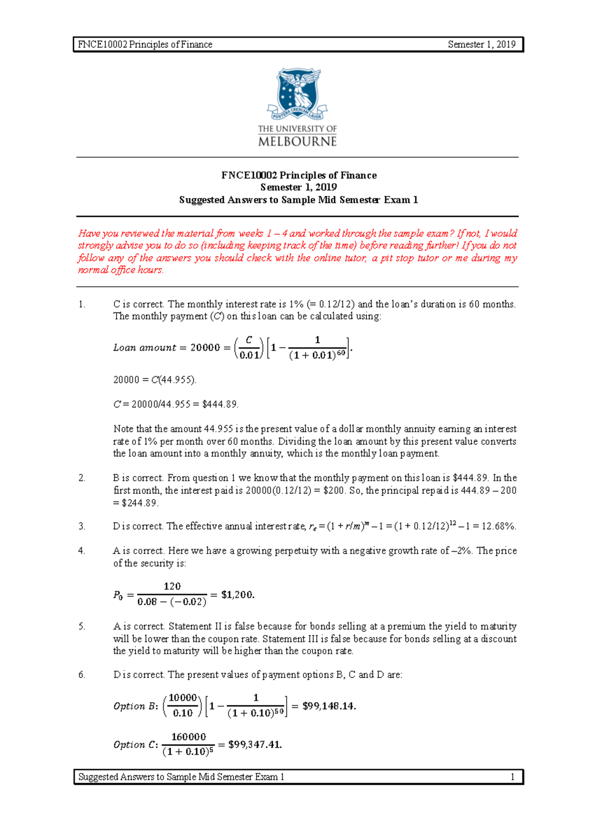Sample/practice exam 20 May 2019, answers - FNCE10002 Principles of ...