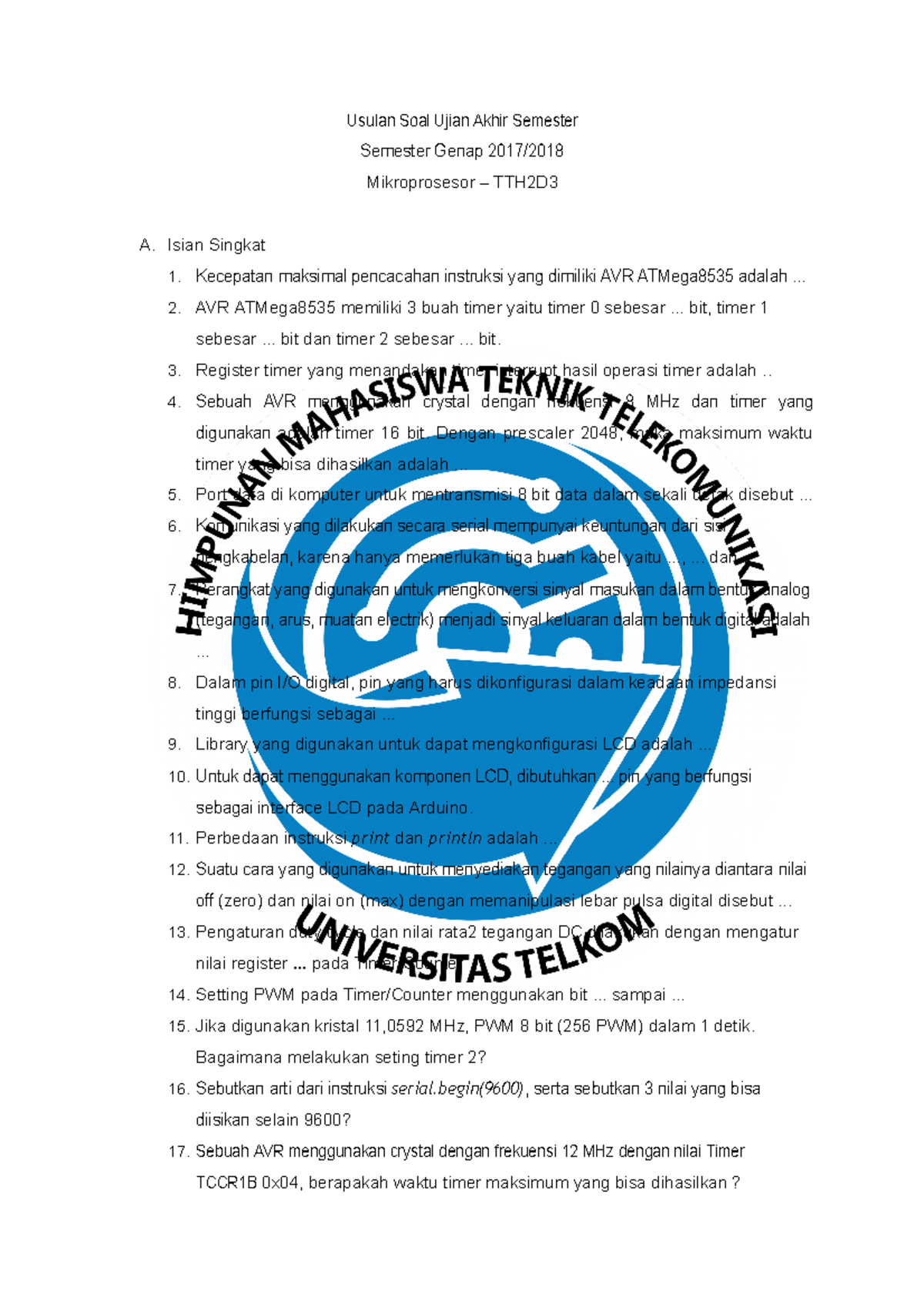 Kisi2 Soal UAS Mikroprosesor - Usulan Soal Ujian Akhir Semester ...