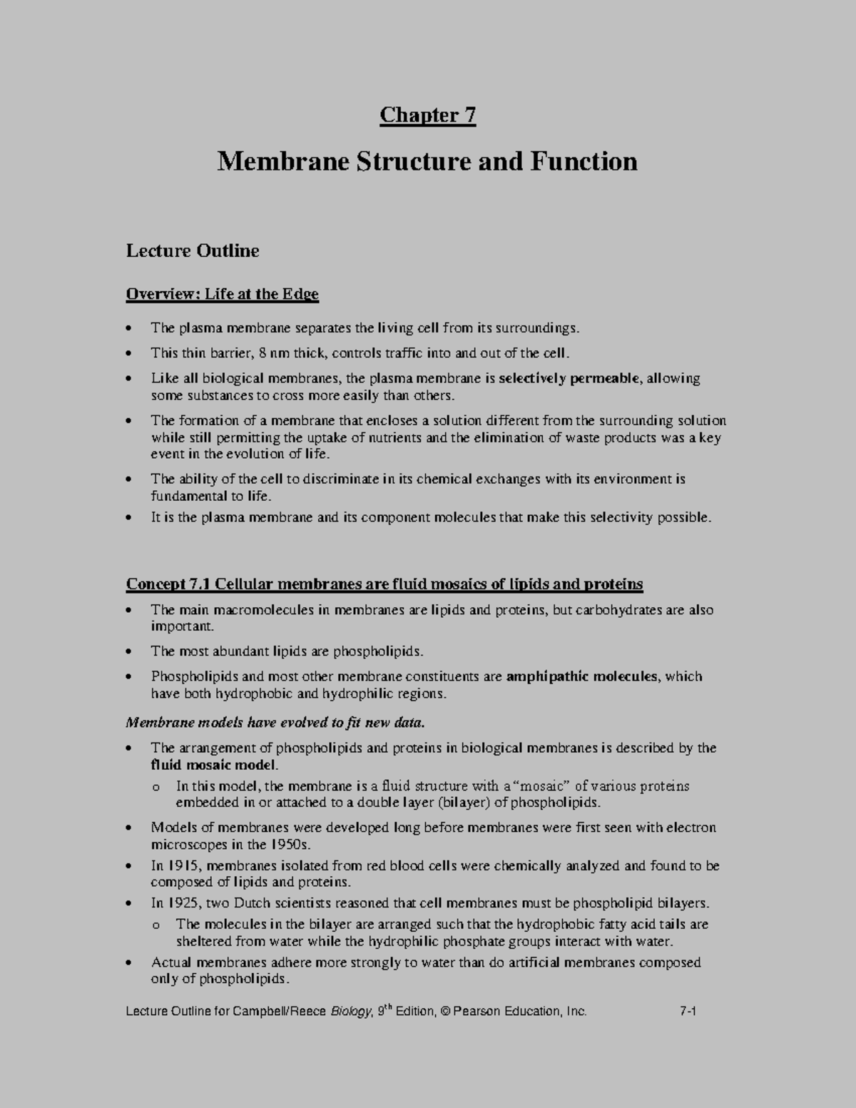 Chapter-7-Outline - Lecture notes 1-10 - Chapter 7 Membrane Structure ...