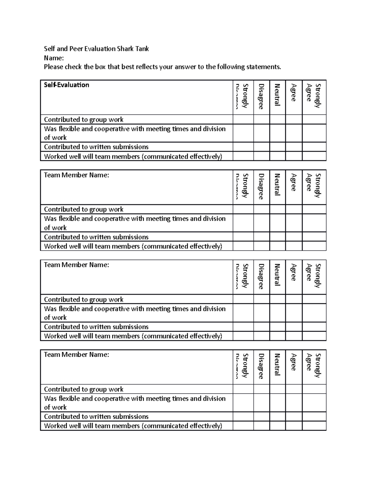 Self and Group Eval Shark Tank - Self and Peer Evaluation Shark Tank ...