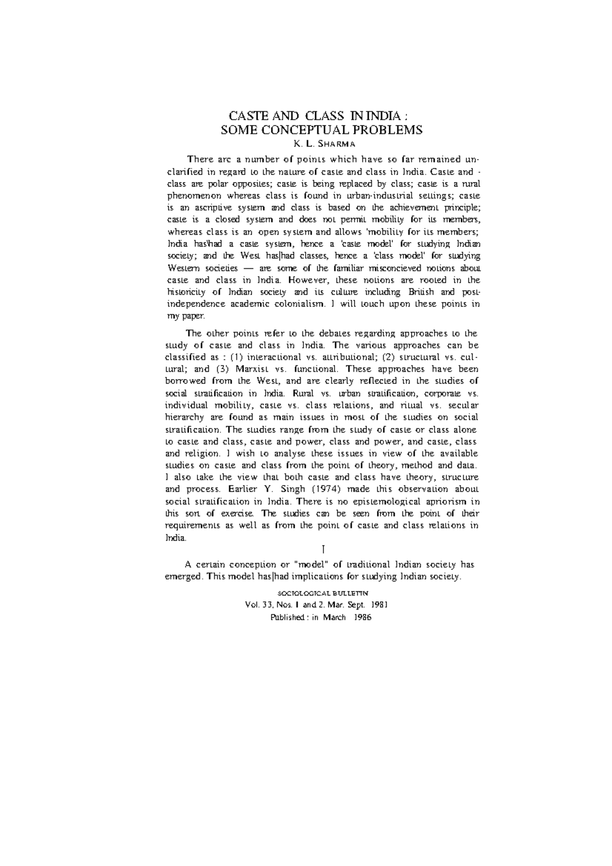 1-28 - Sociology - CASTE AND CLASS IN INDIA : SOME CONCEPTUAL PROBLEMS ...