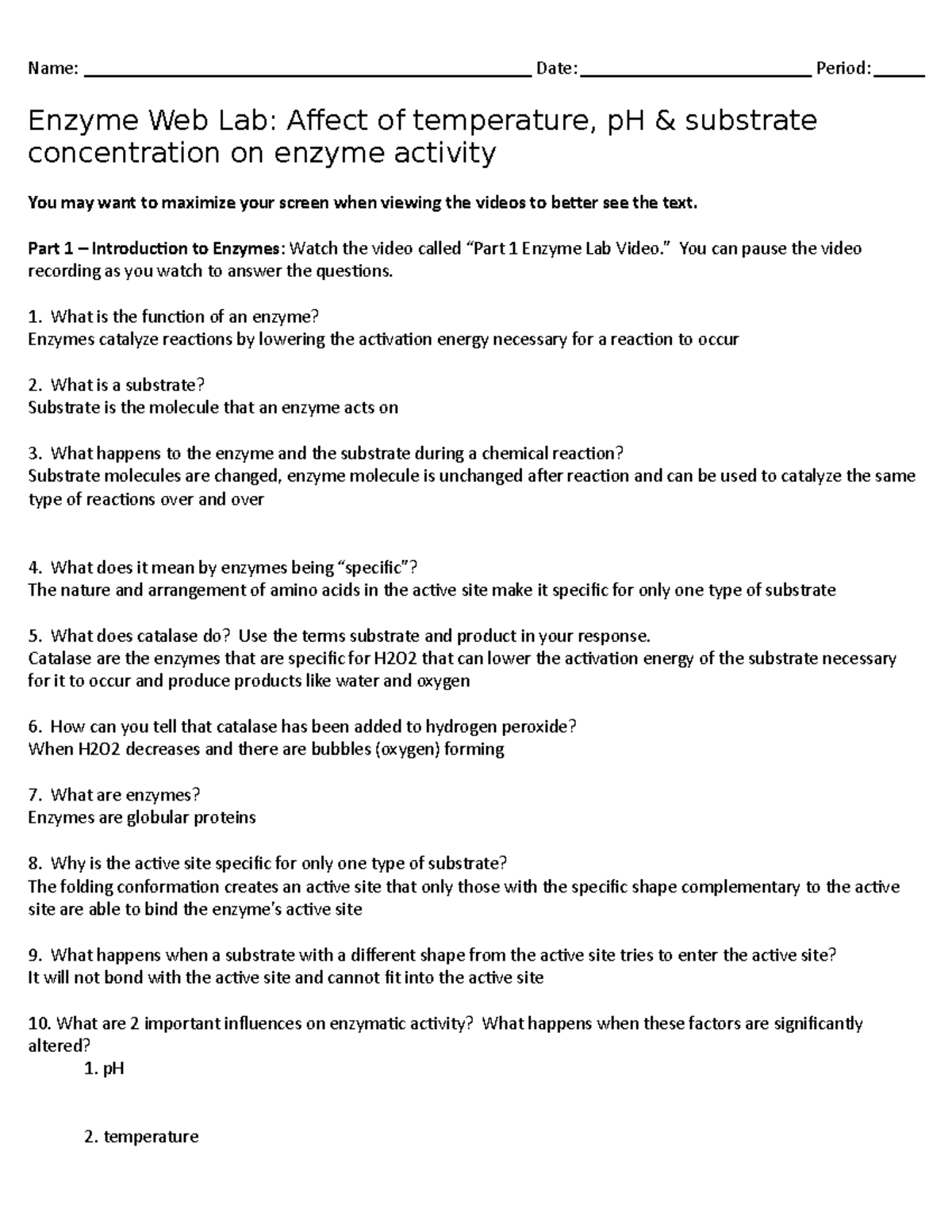 Enzyme  Lab 2020 Name Date Period Enzyme  Lab Affect of