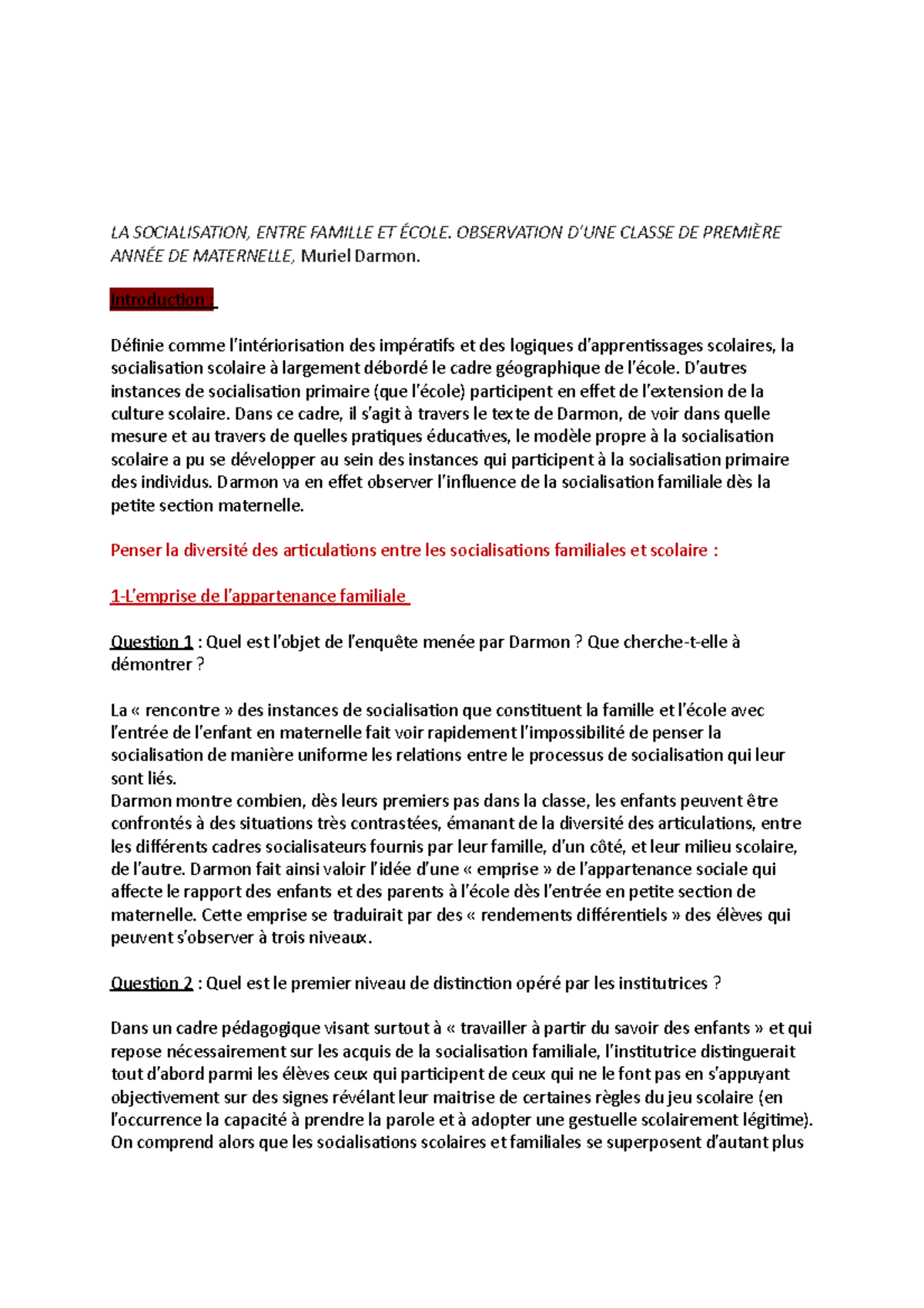 Socialisation entre famille et école, Muriel Darmon LA SOCIALISATION