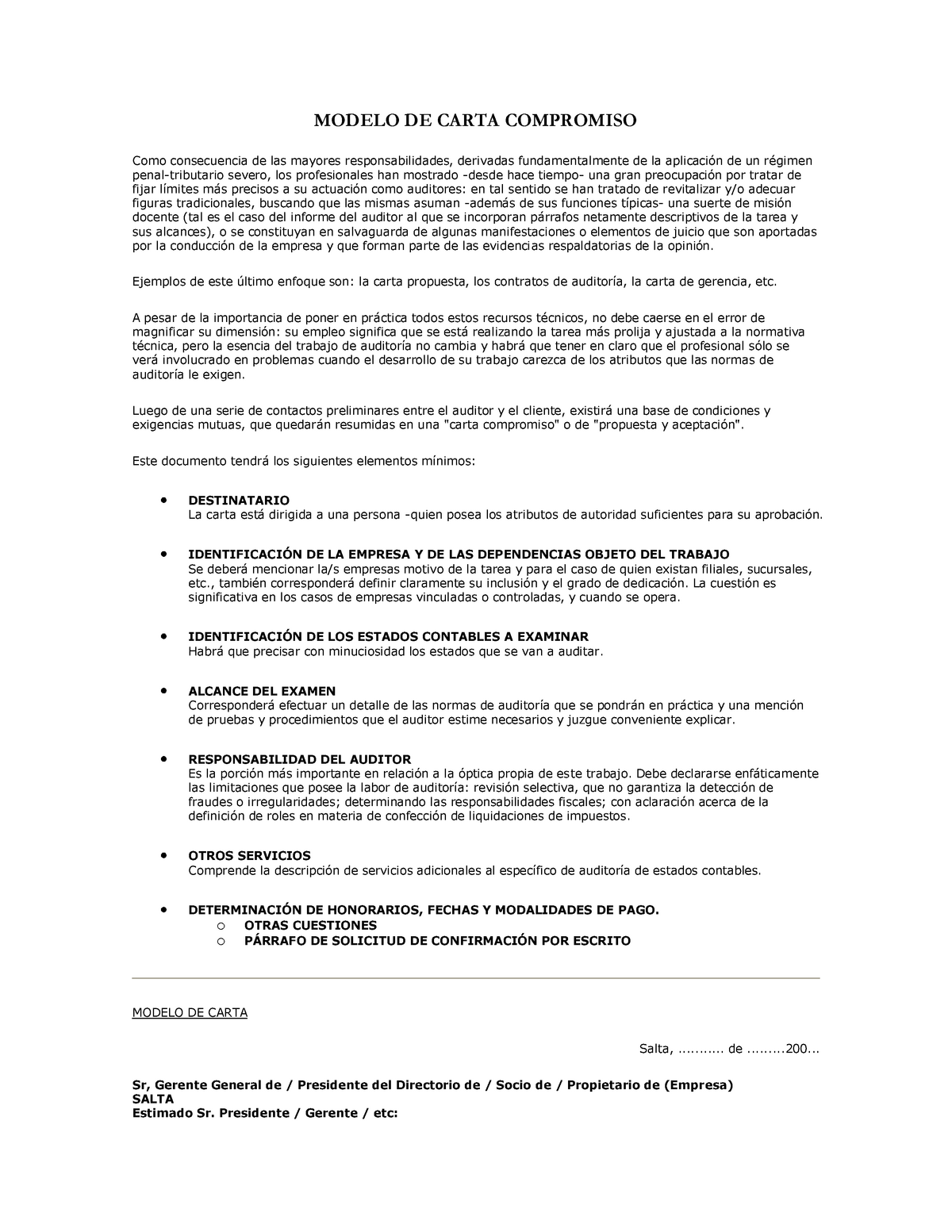 Modelo De Carta Compromiso De Auditoría Modelo De Carta Compromiso