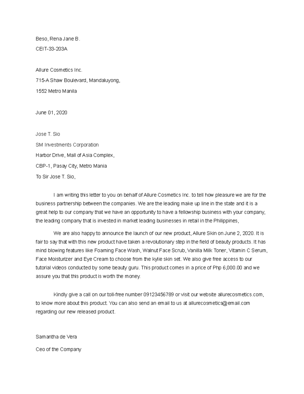 Example of business letter 2 - Beso, Rena Jane B. CEIT-33-203A Allure ...