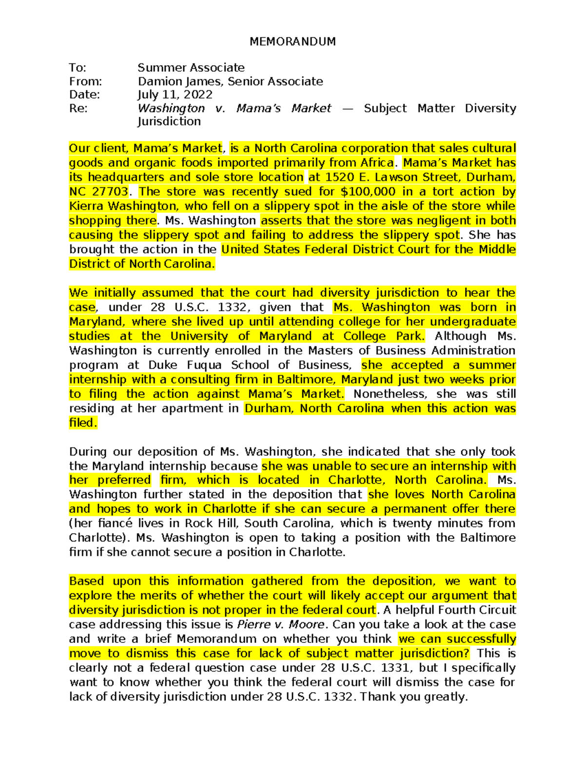 Memo A Prompt - Practice memo writing - MEMORANDUM To: Summer Associate ...