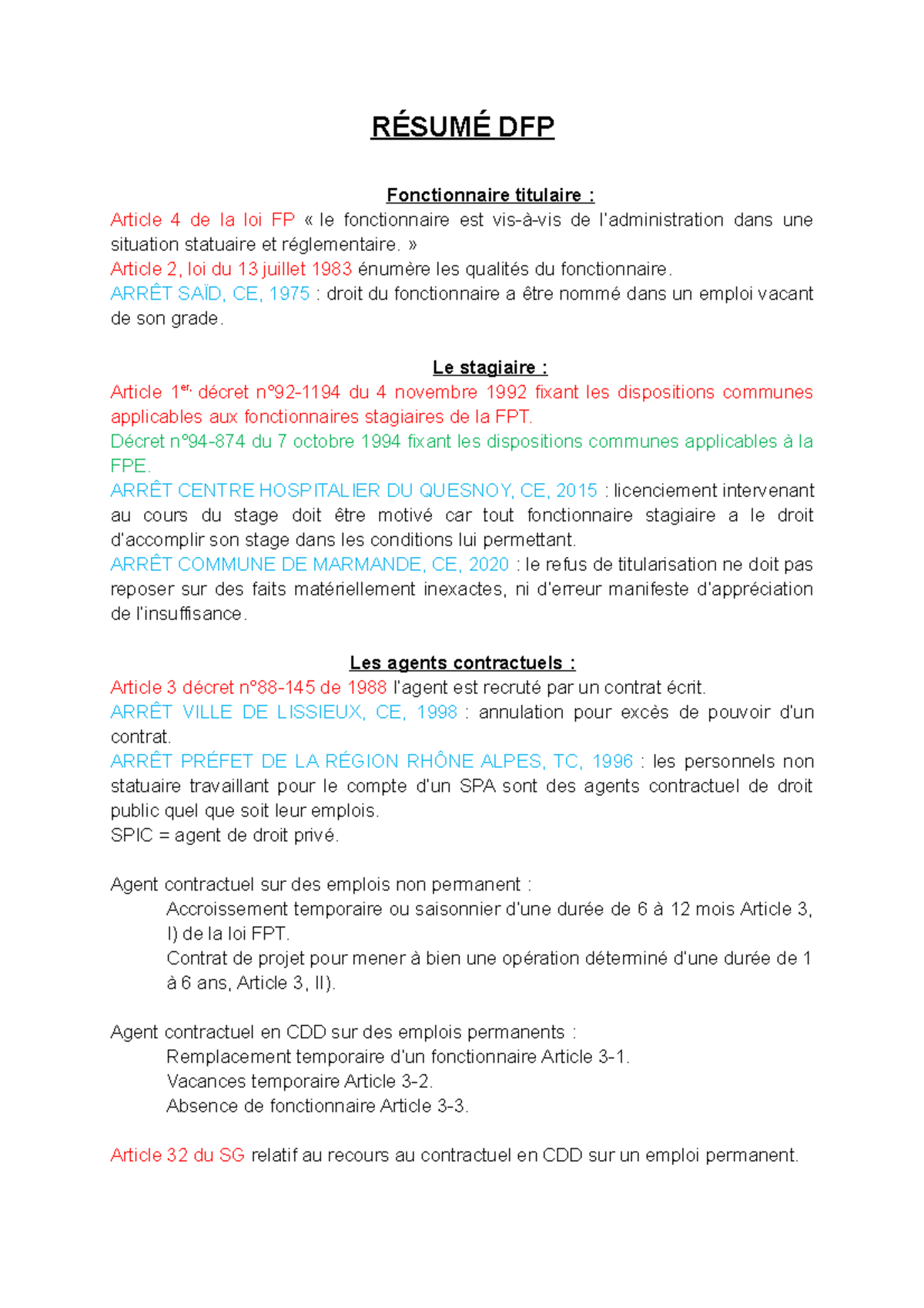 Loi Du 13 Juillet 1983 Resume Fiches Droit des Fonctions Publiques - RÉSUMÉ DFP Fonctionnaire titulaire :  Article 4 de la loi FP « - Studocu