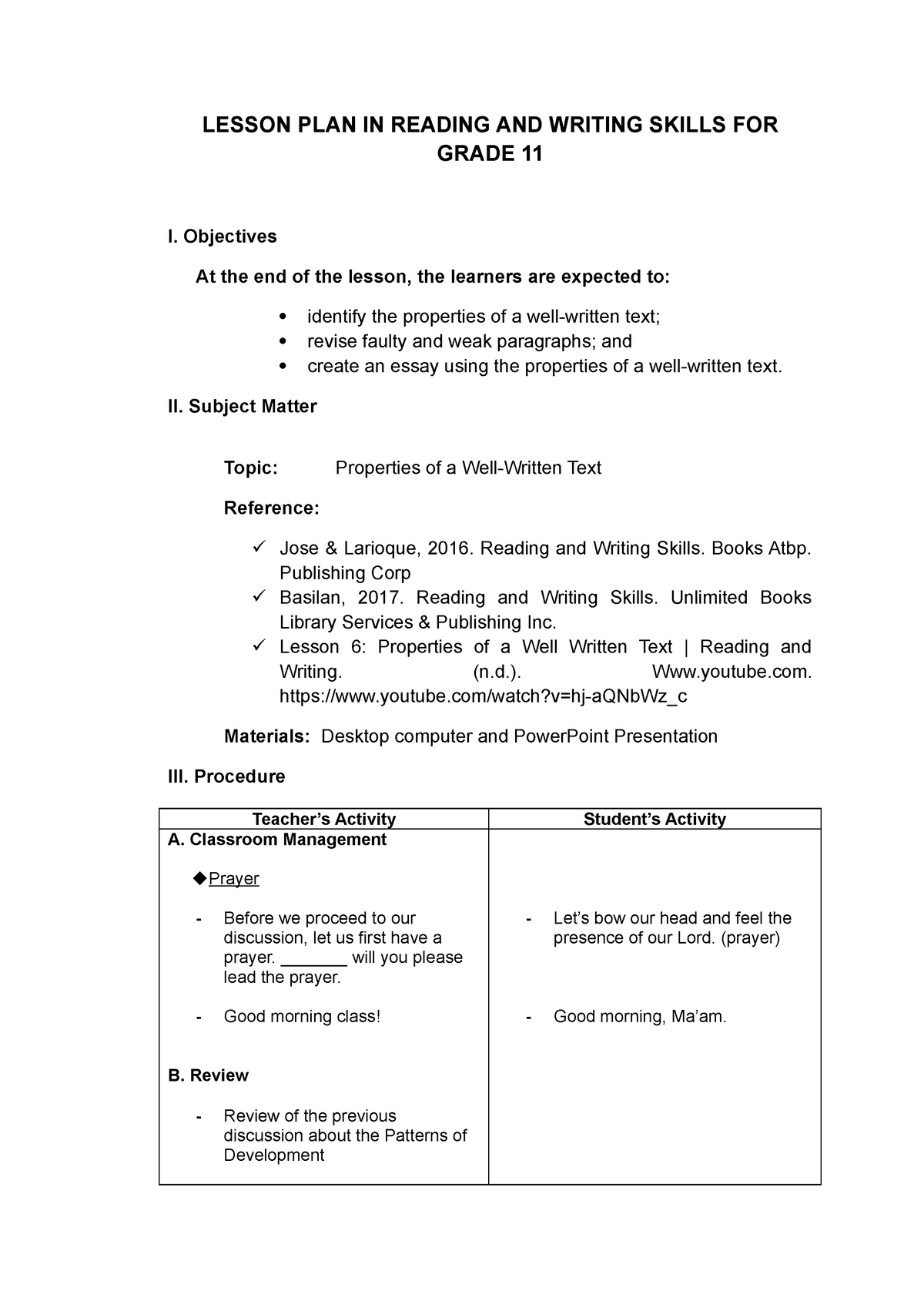 book review lesson plan grade 11