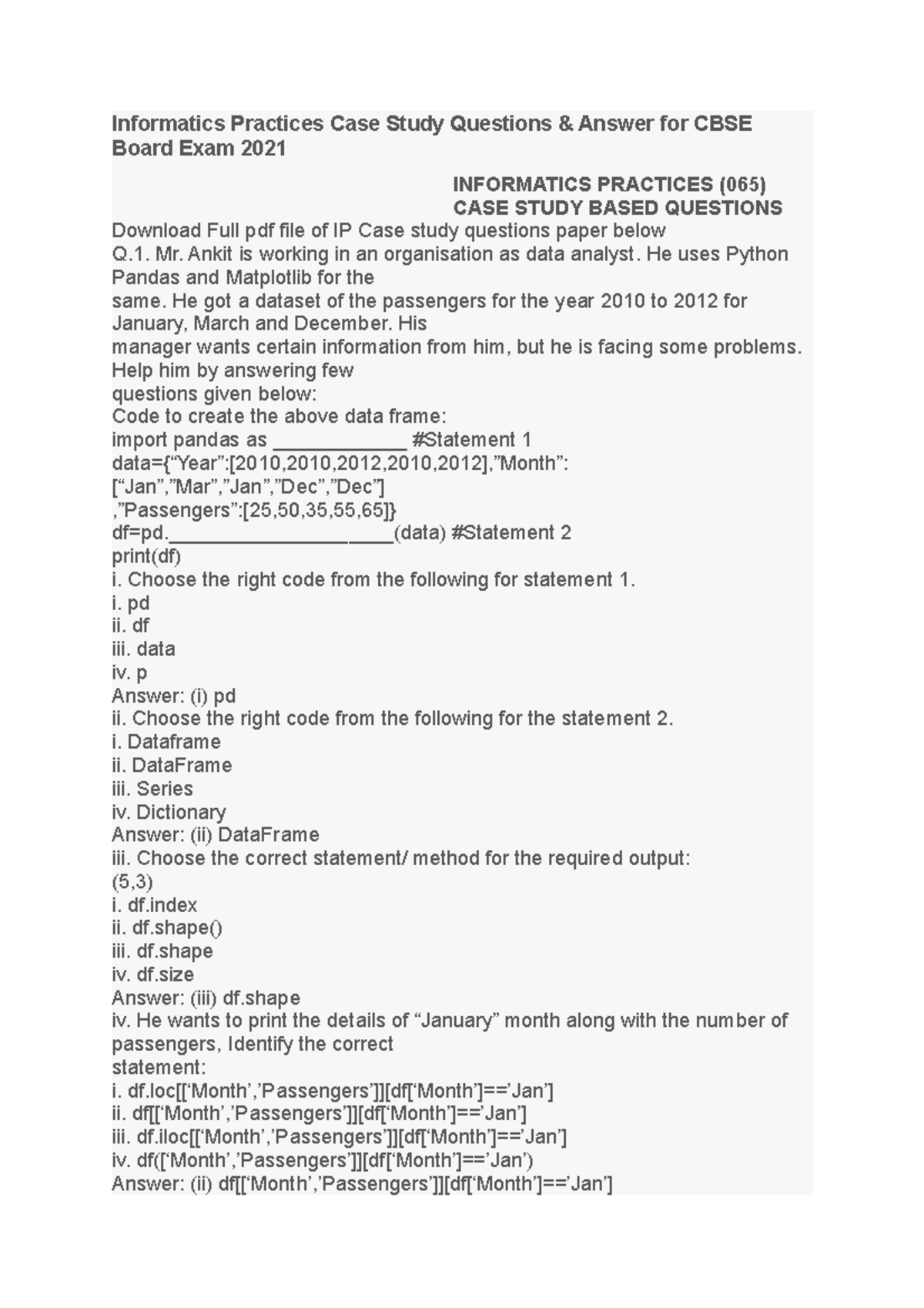 IP Grade XII CASE Study Based Questions - Informatics Practices Case ...