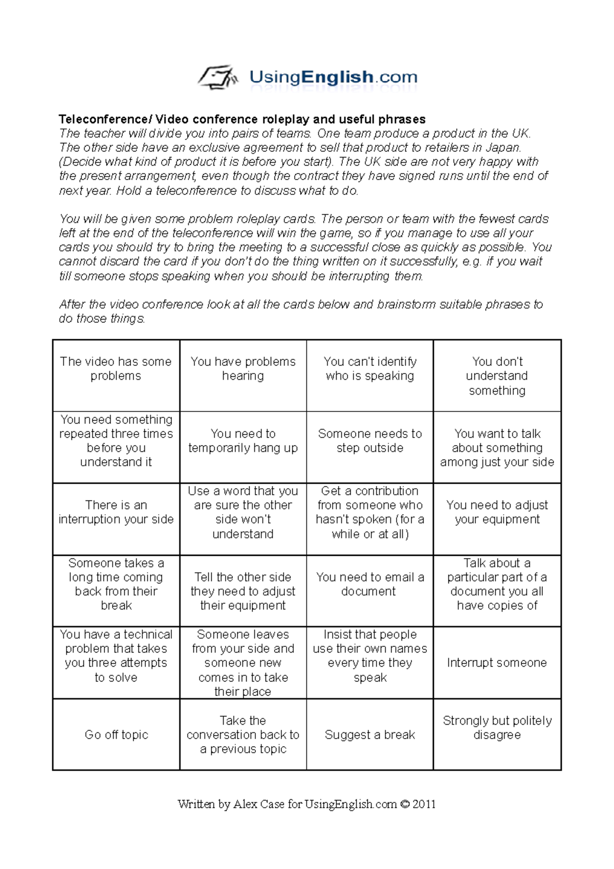 Business english video teleconference roleplay phrases Teleconference