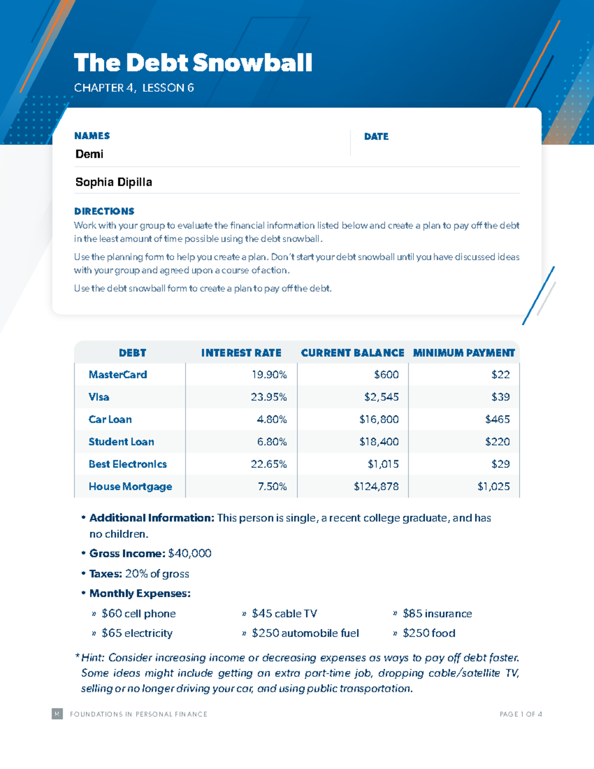 the debt snowball assignment