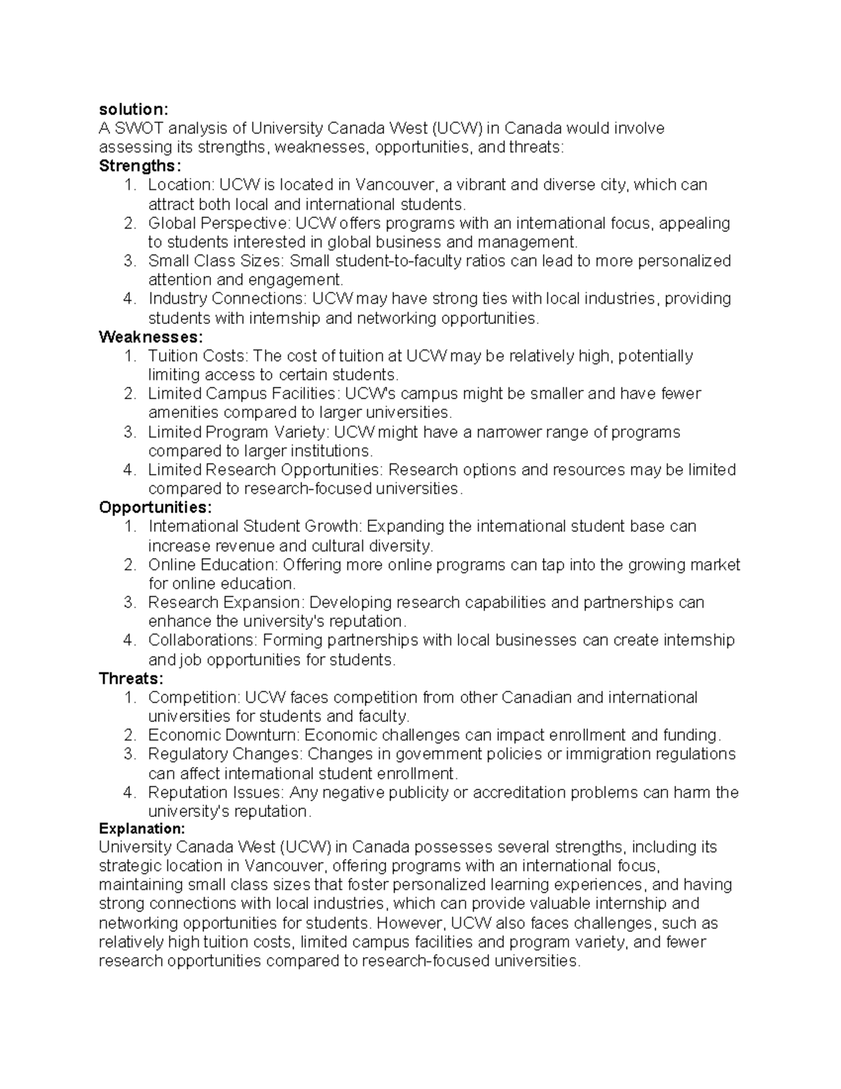 SWOT Analysis Of UCW - Class Activity - Solution: A SWOT Analysis Of ...