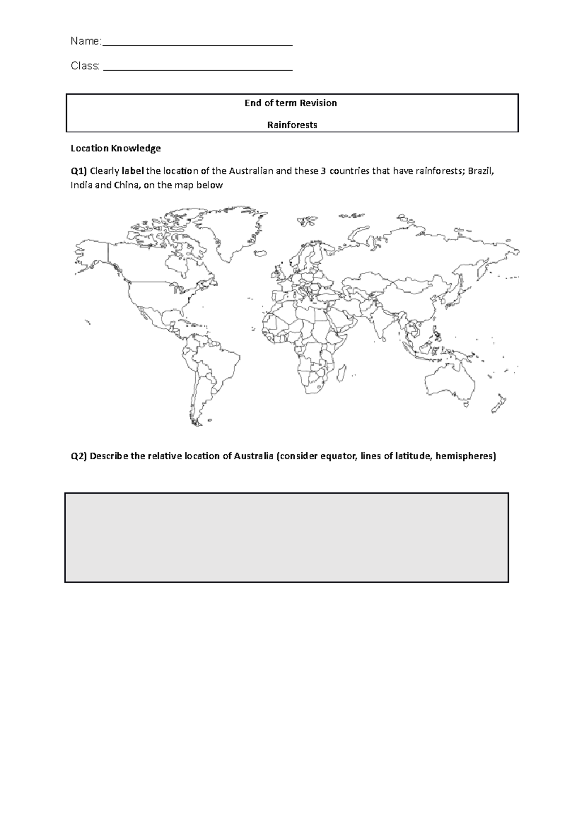 CAT part 2 - CAT WORK - Class: End of term Revision Rainforests ...