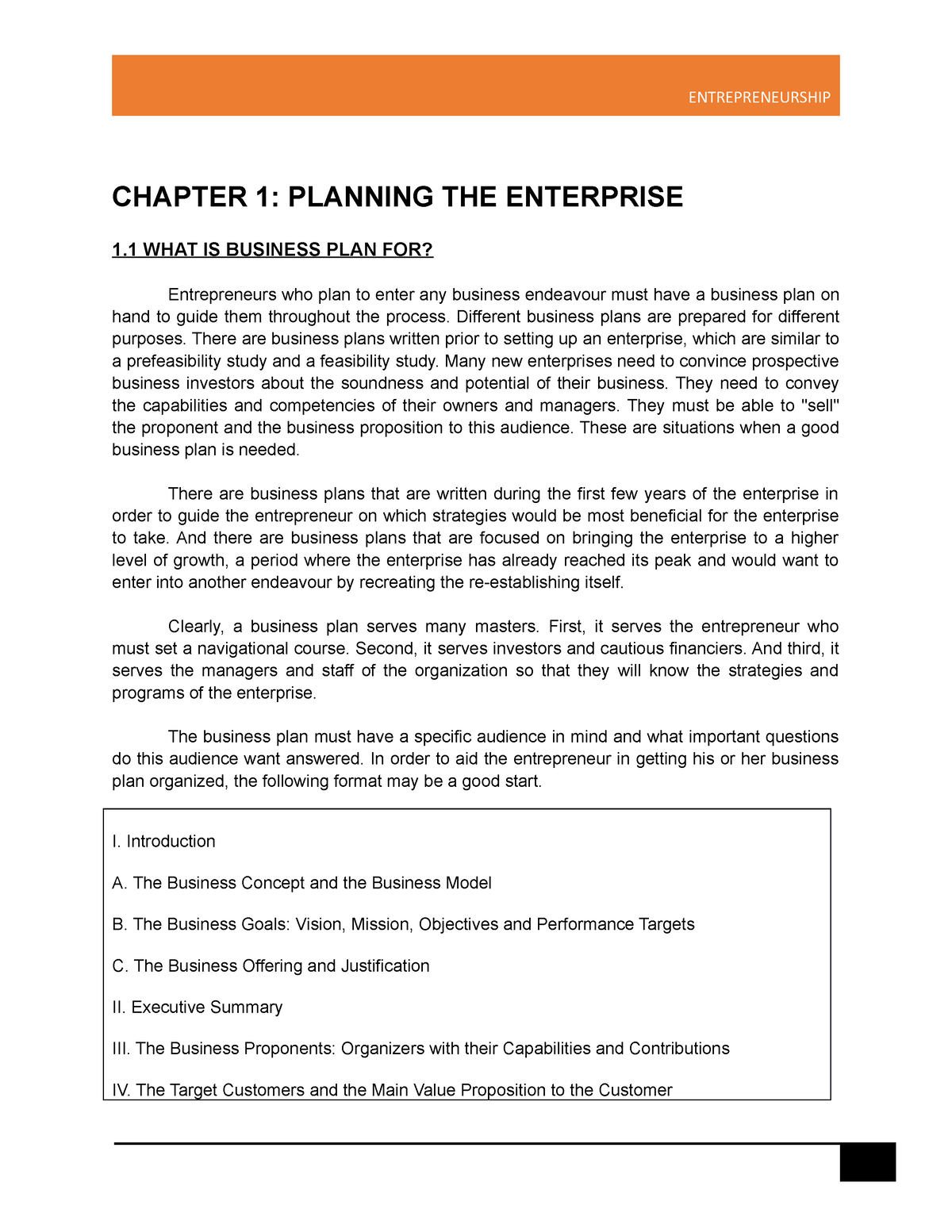 business plan chapter 1 and 2