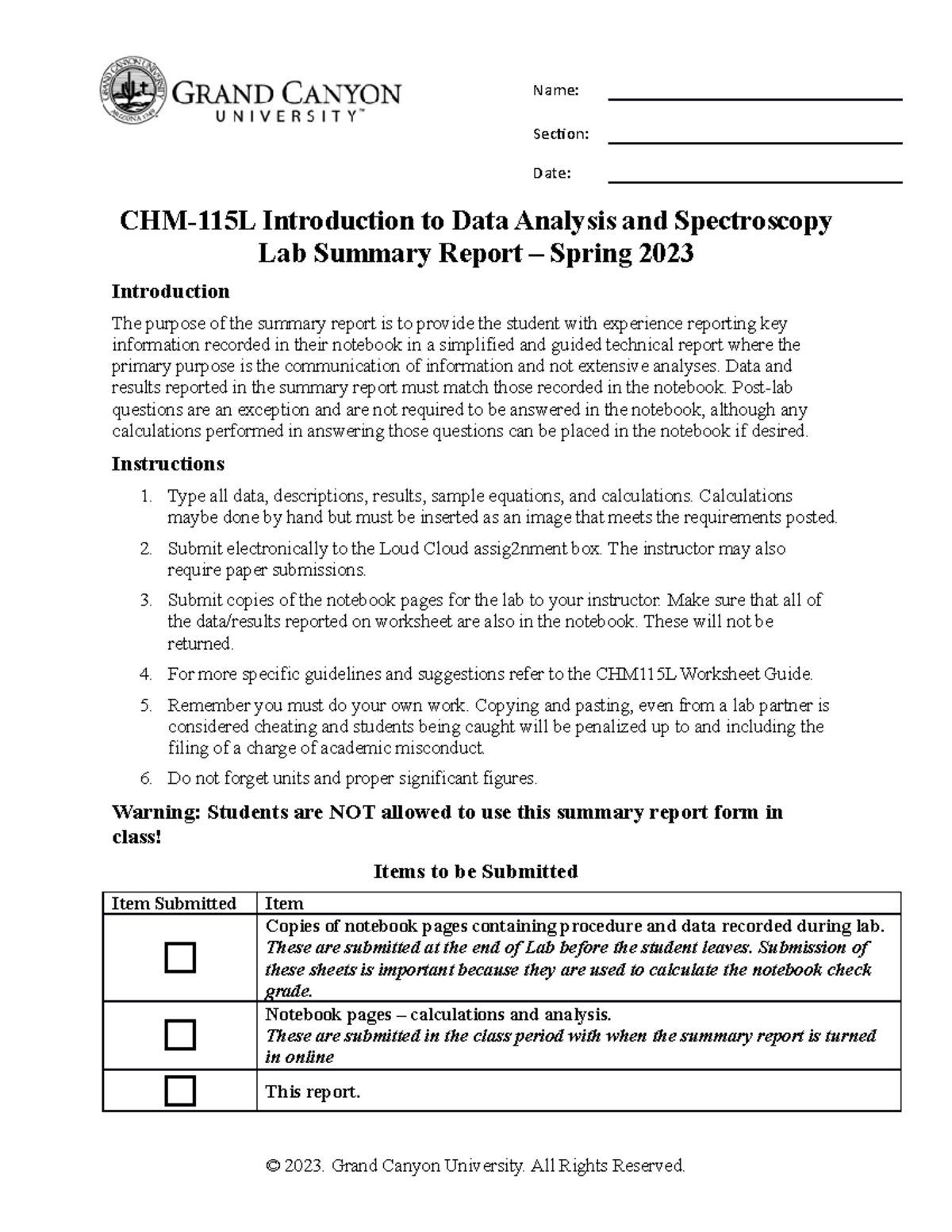 Data Acquisition- Chem Lab - Section: Date: CHM-115L Introduction To ...