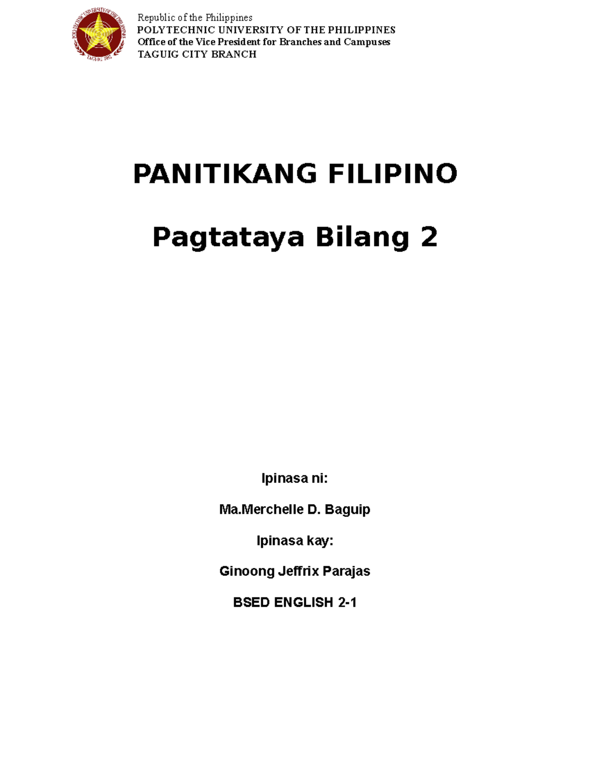 Patataya Bilang 1 - Panitikang Filipino - Republic of the Philippines ...