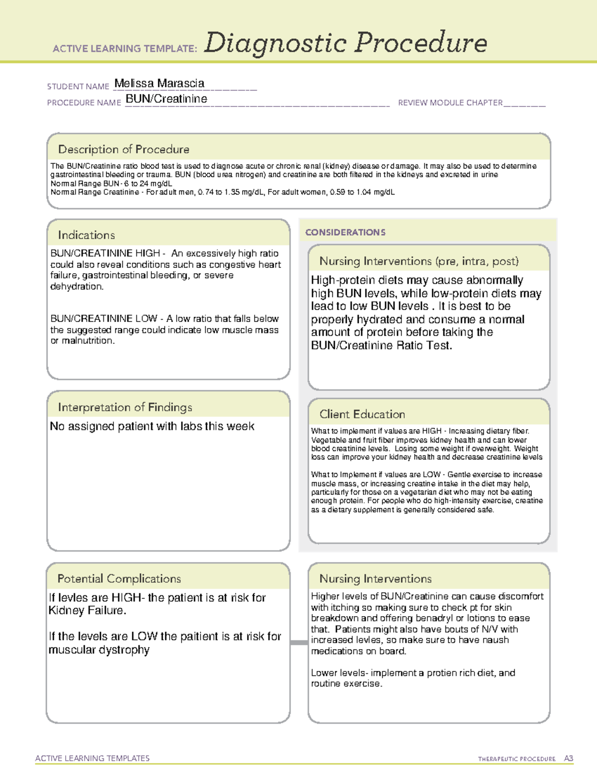 BUN Creatinine template NUR111 Fay Tech Studocu