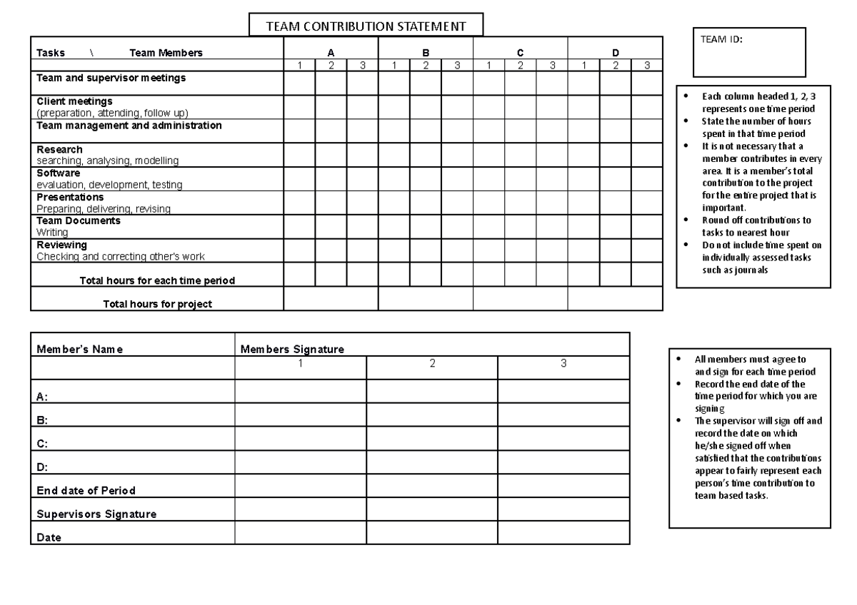 Team Member Contribution Statement-1 - Tasks \ Team Members A B C D 1 2 ...