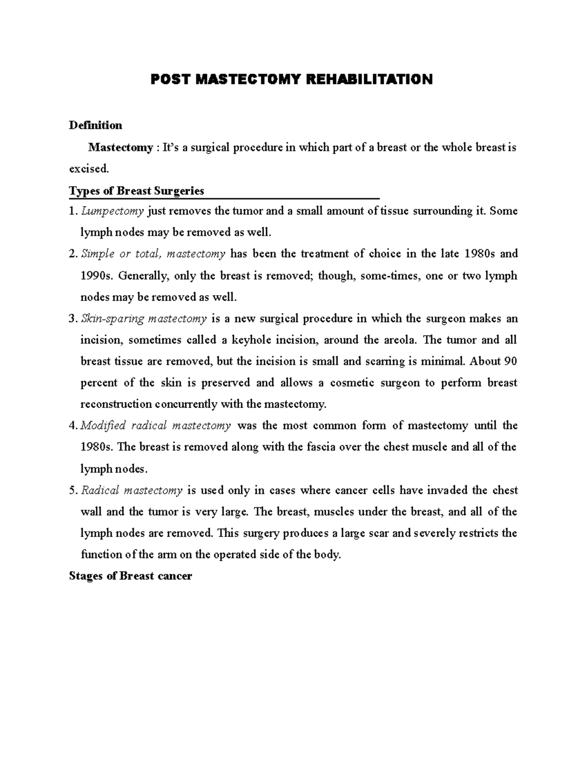 Chapter 5 POST Mastectomy Rehabilitation + Lymphedema POST MASTECTOMY