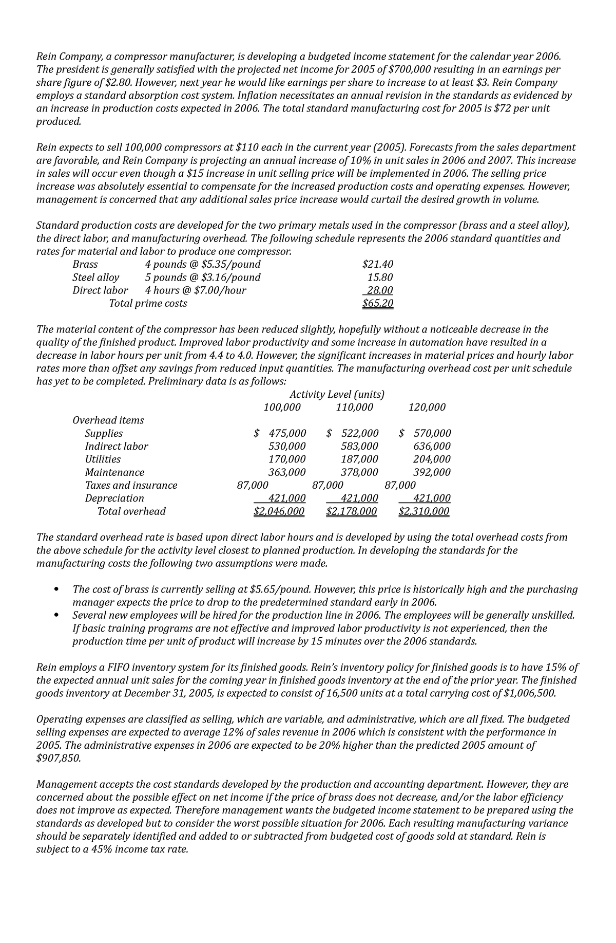 Rein Company - Budgeting Sample Prob - Rein Company, a compressor ...