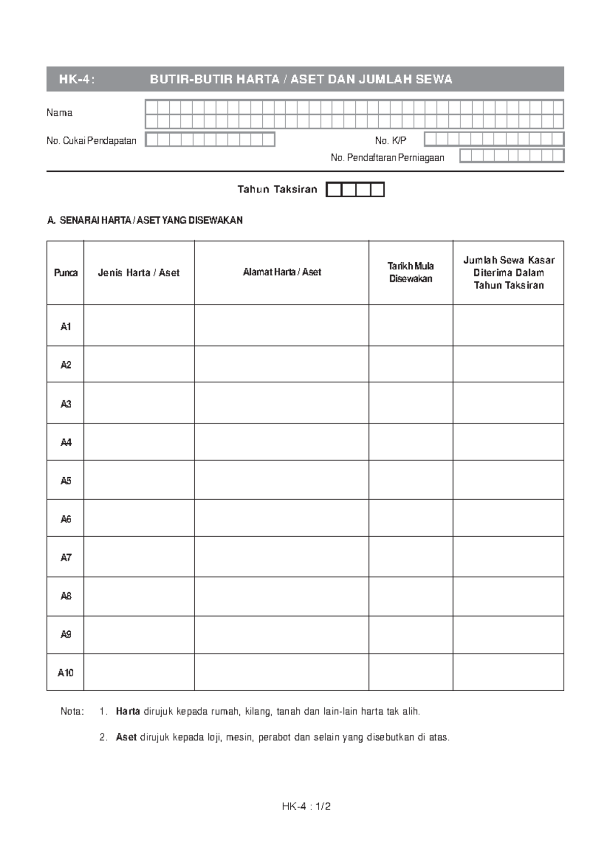 LHDN RENT Buku Panduan Borang B Sistem Taksir Sendiri HK4