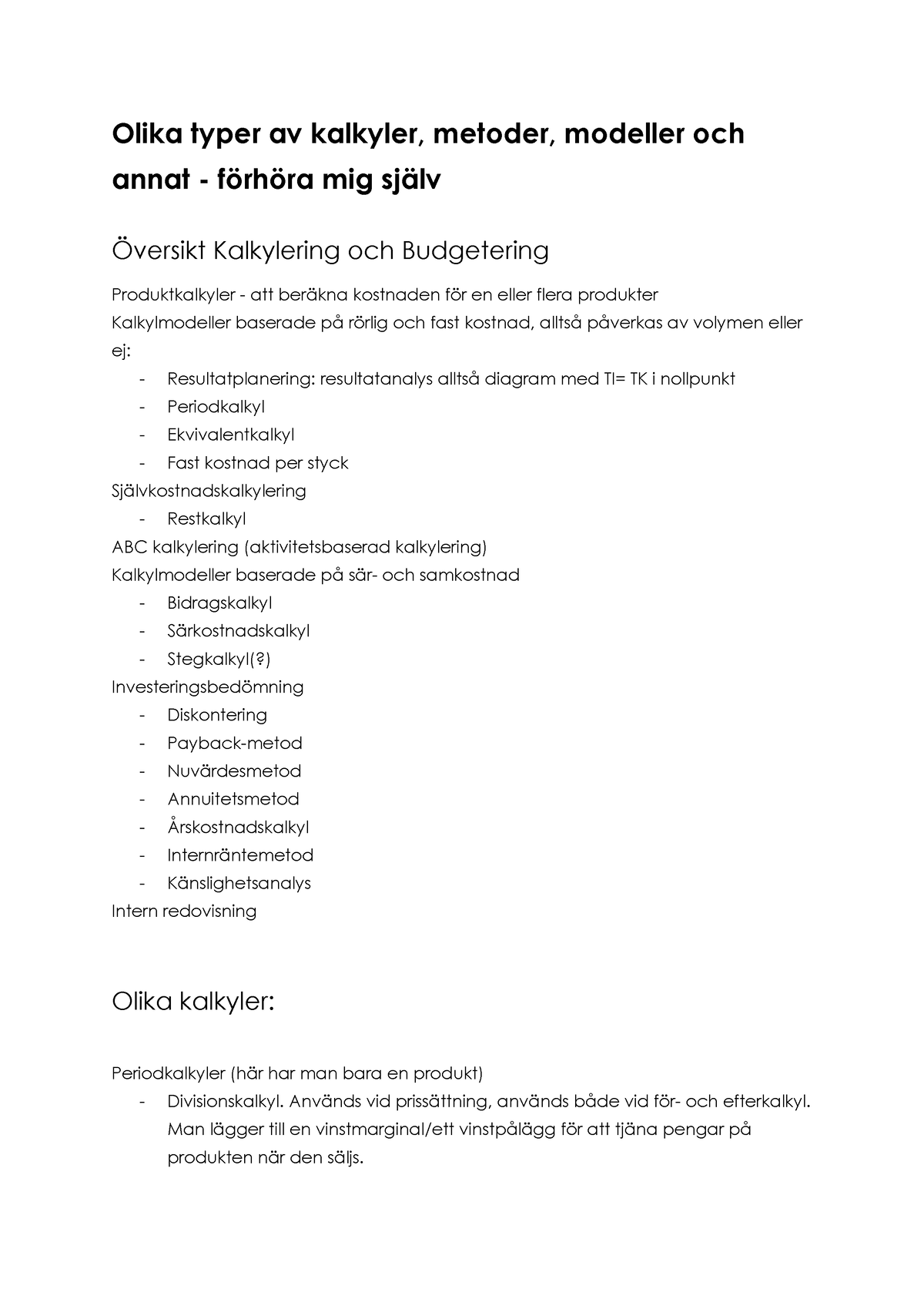 Sammanfattad översikt Av Ekonomistyrning / Kalkylering Och Budgetering ...