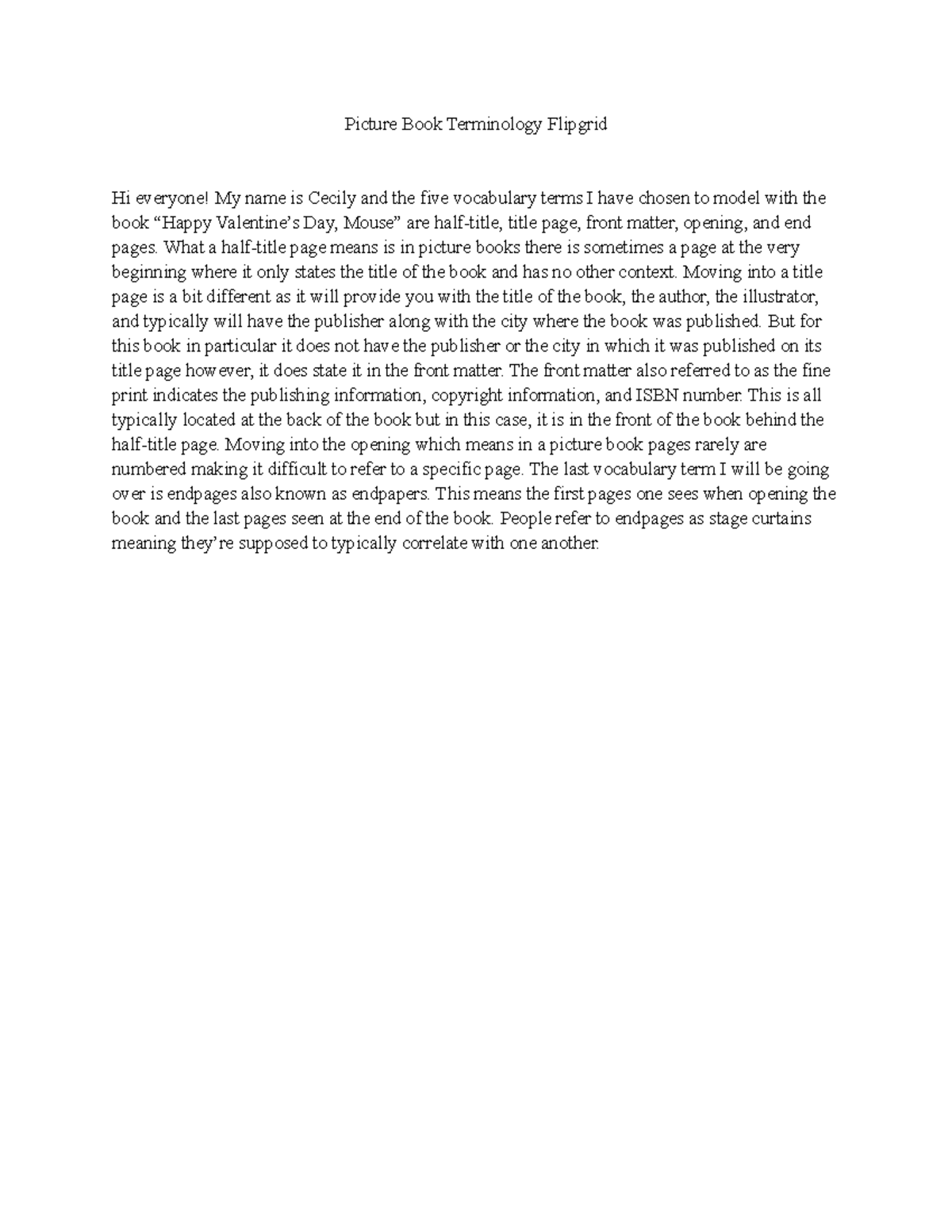 Picture Book Terminology Flipgrid What a halftitle page means is in