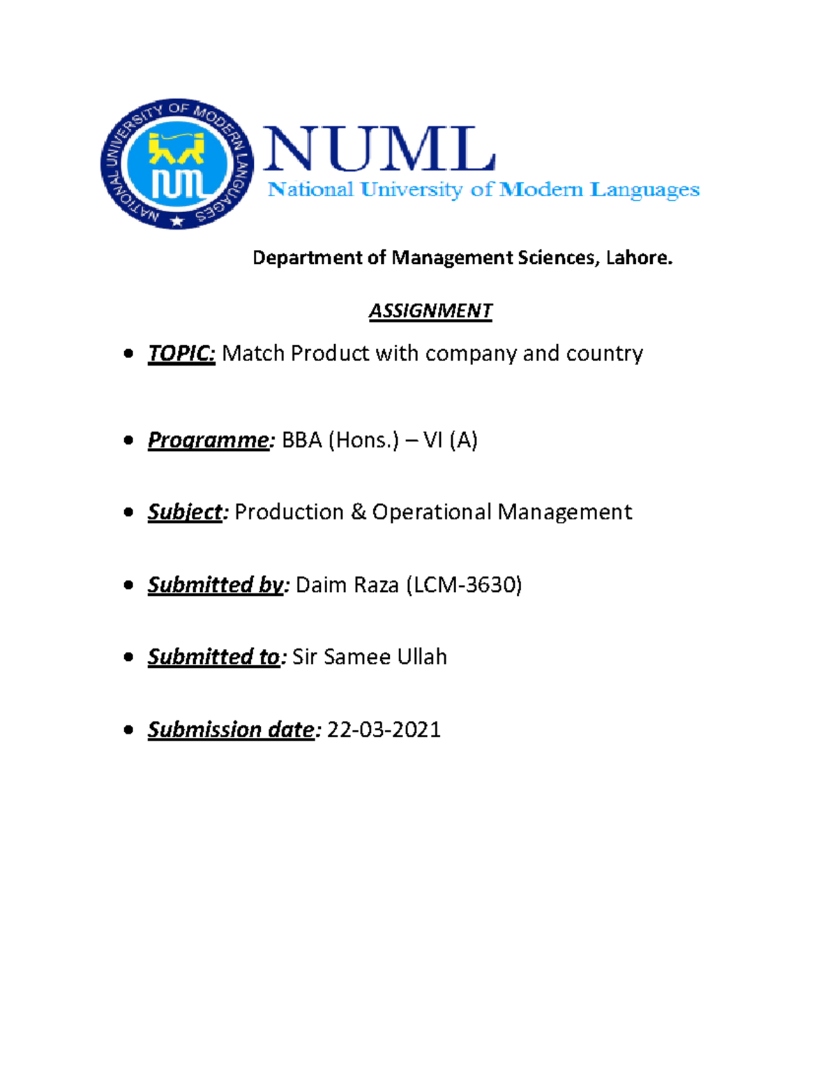 Muhammad Daim Raza (lcm-3630) BBA-VI-A - Department of Management ...