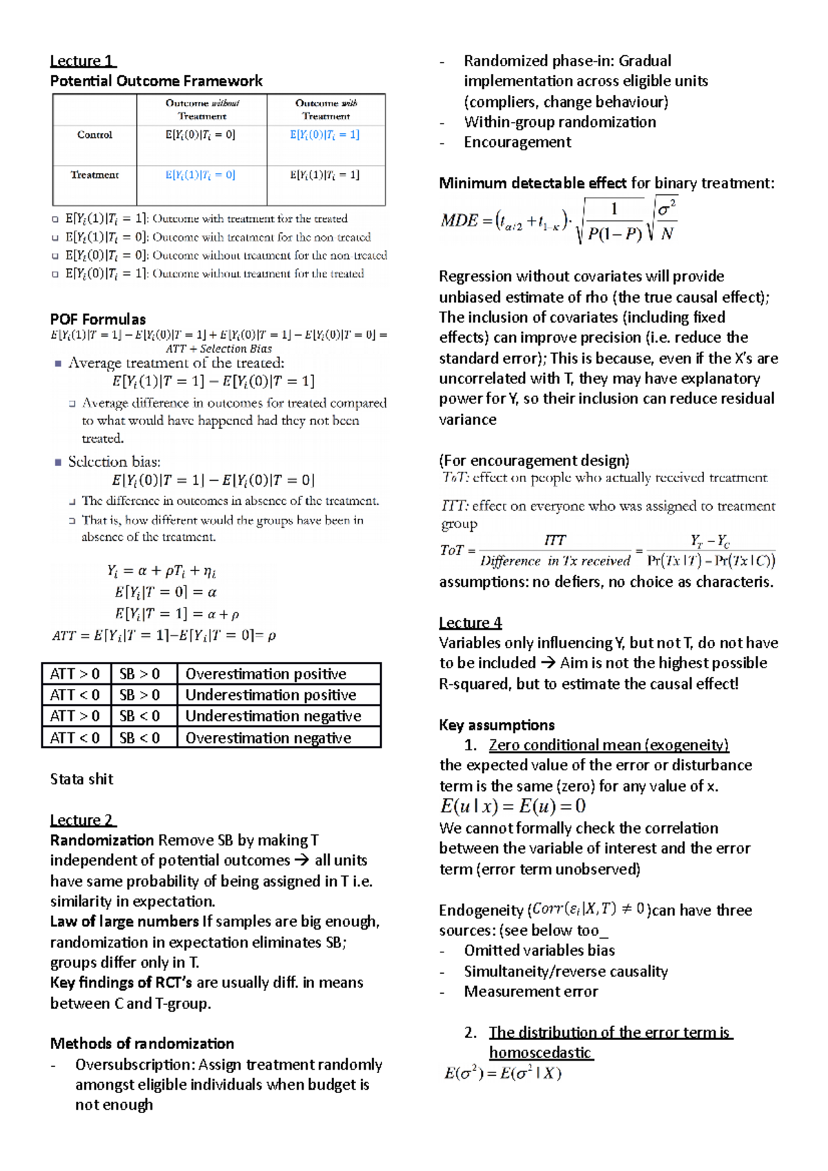 Cheat Sheet for Exam - Lecture 1 Potential Outcome Framework ...