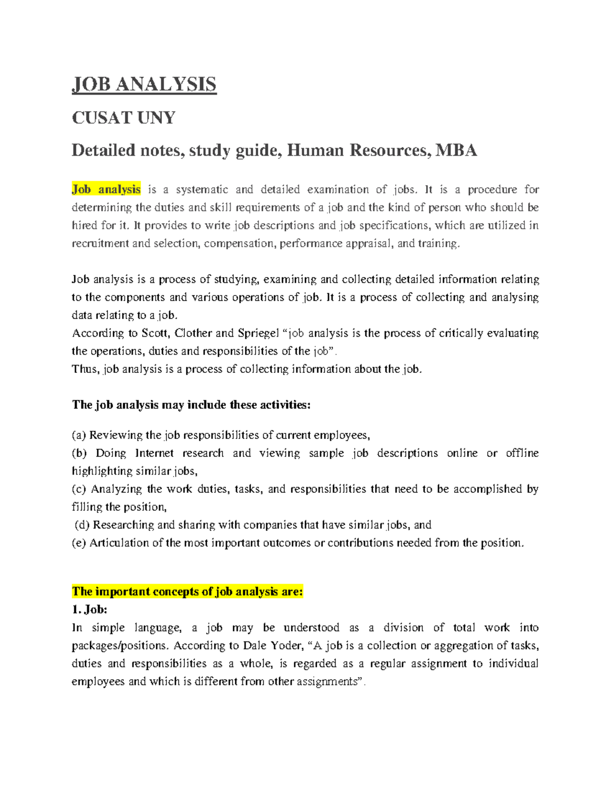Job Analysis JOB ANALYSIS CUSAT UNY Detailed notes, study guide