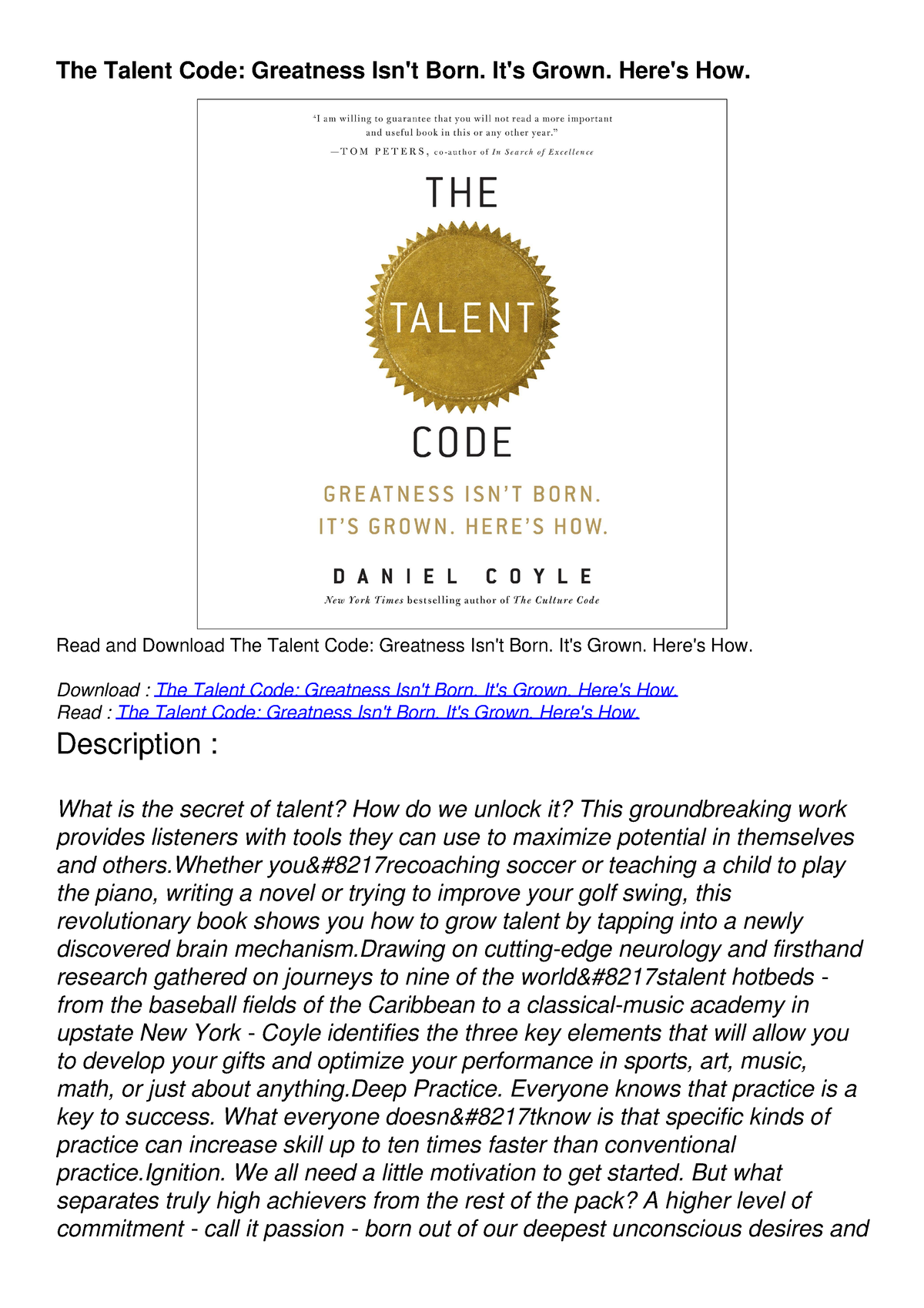 The Talent Code: Greatness Isn't Born. It's by Coyle, Daniel