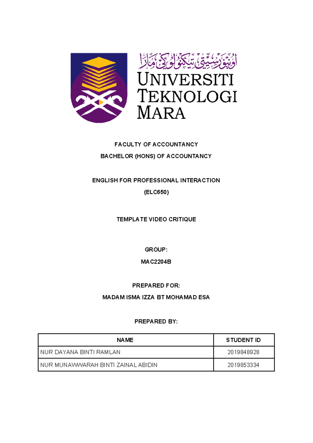 Template Video Critique FOR STUDENT - FACULTY OF ACCOUNTANCY BACHELOR ...