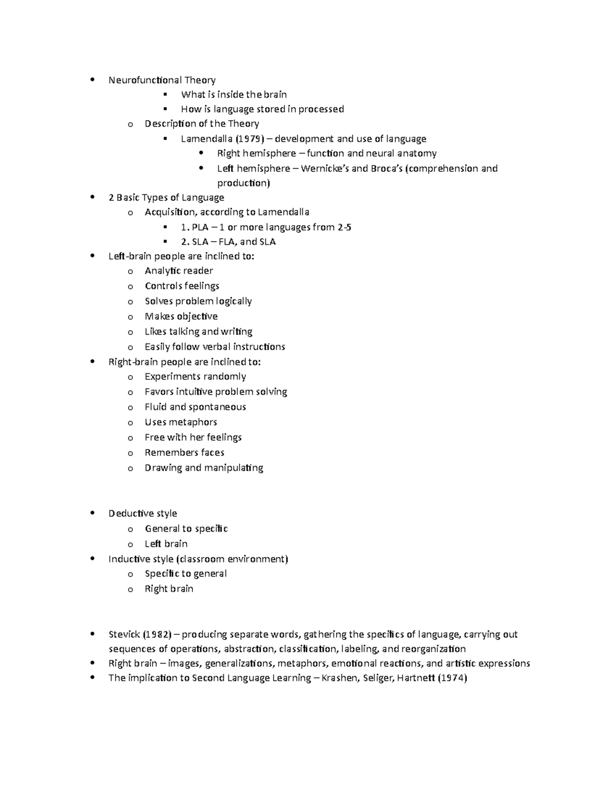 Neurofunctional Theory - PLA – 1 or more languages from 2- 2. SLA – FLA ...