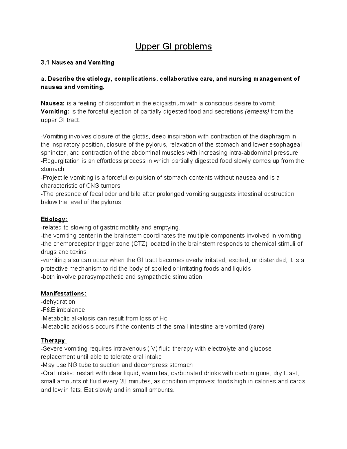 GI 3 Upper gi problems Notes Upper GI problems 3 Nausea and