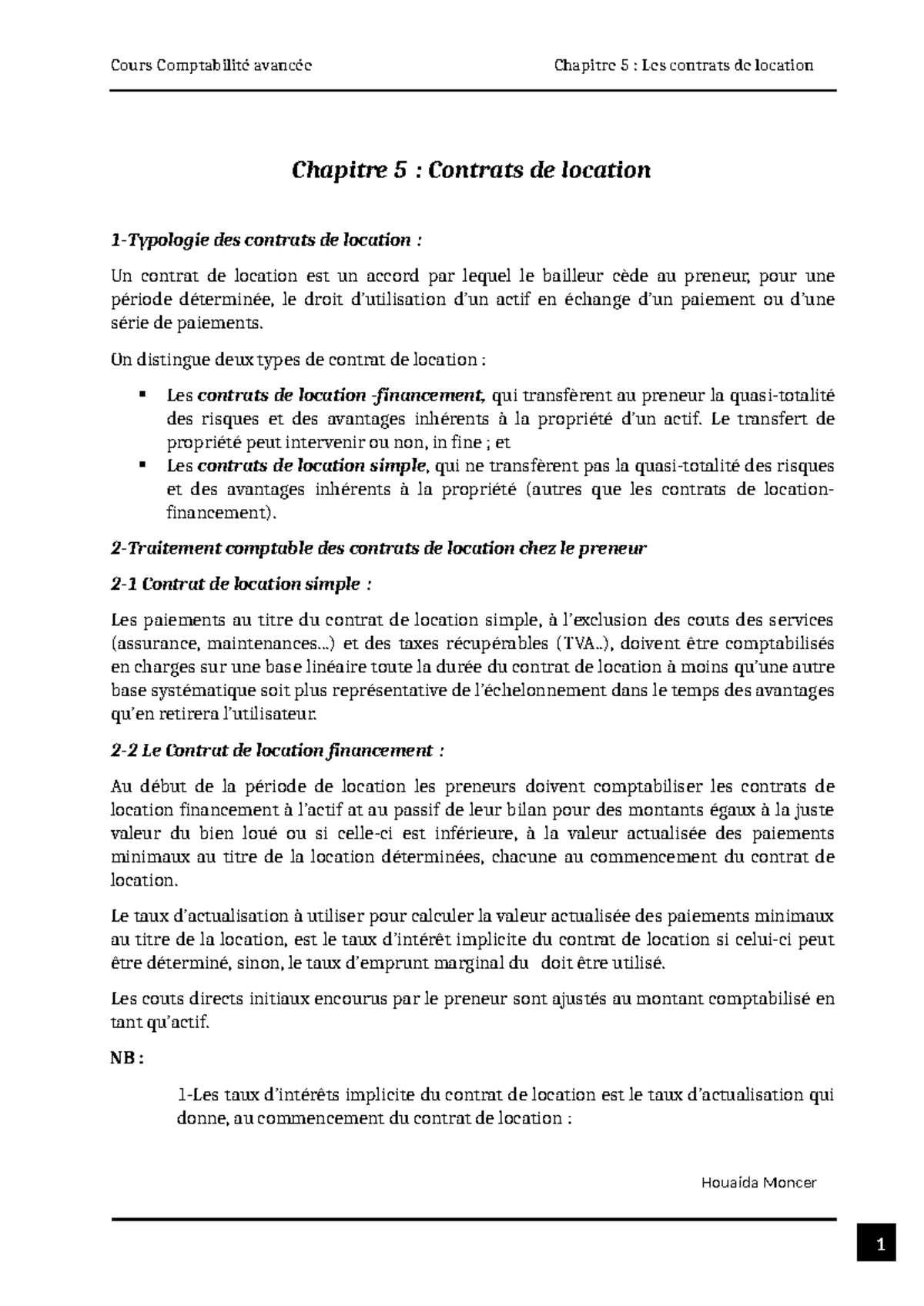 Chp5 Les Contrat De Location Copie Etudiant - Houaida Moncer Chapitre 5 ...