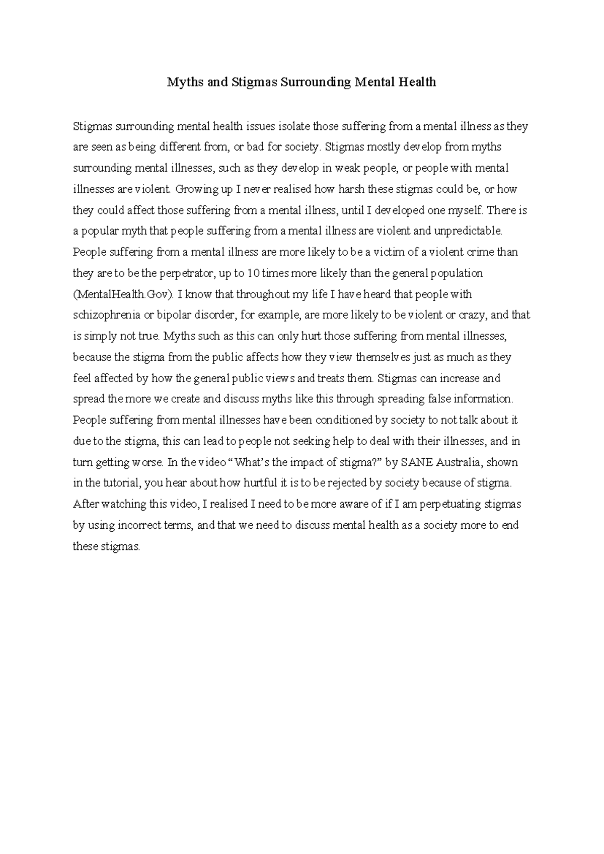 PSYC2500 lab - small assessment from the lab - Myths and Stigmas ...