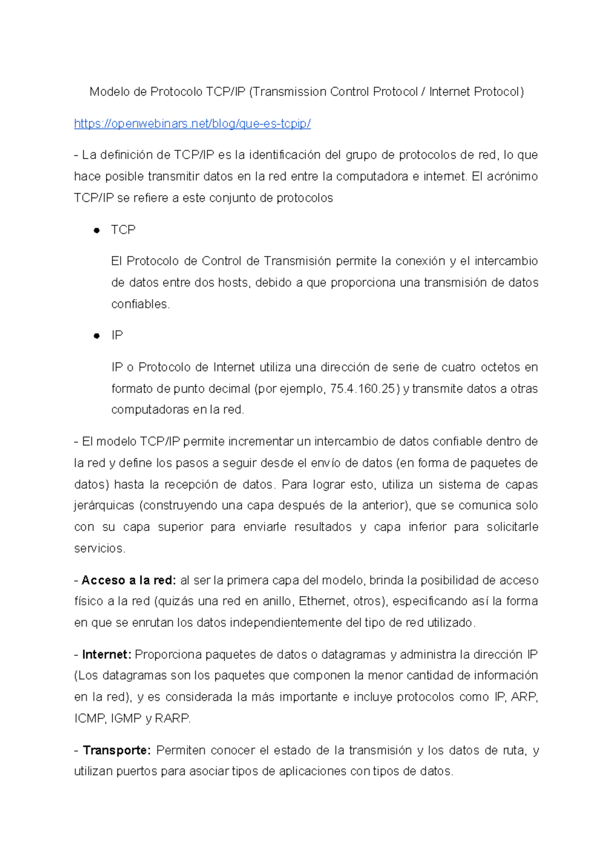 Modelo TCP IP - Protocolo de Comunicacion - Modelo de Protocolo TCP/IP  (Transmission Control - Studocu