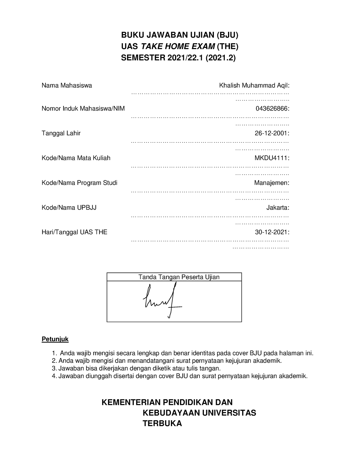 BJU UAS THE Khalish Muhammad Aqil 043626866 MKDU4111 - BUKU JAWABAN ...