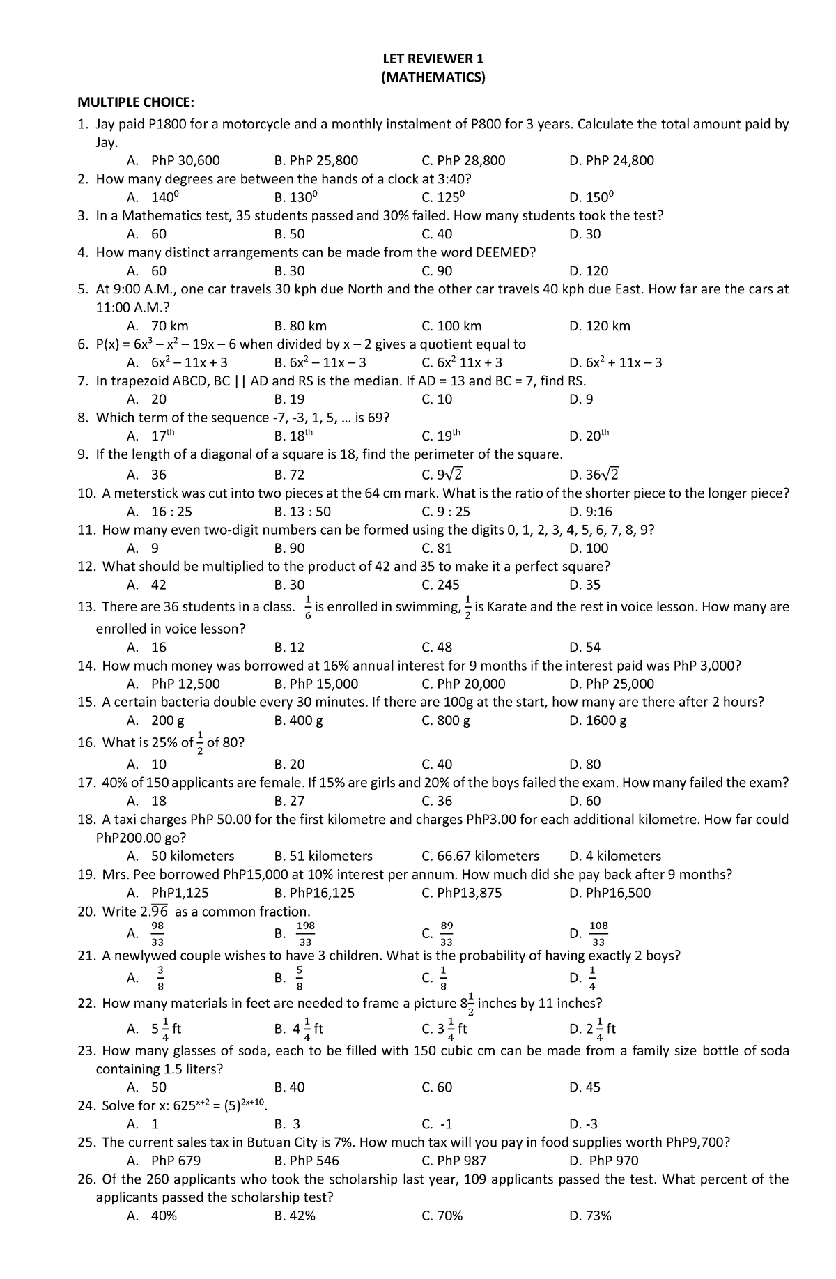 GE B MATH LET Reviewer 1 - LET REVIEWER 1 (MATHEMATICS) MULTIPLE CHOICE: Jay Paid P1800 For A ...