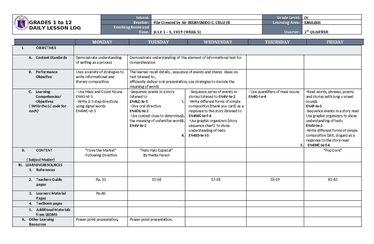 DLL English 4 Q1 W5 - Notes - GRADES 1 to 12 DAILY LESSON LOG School ...