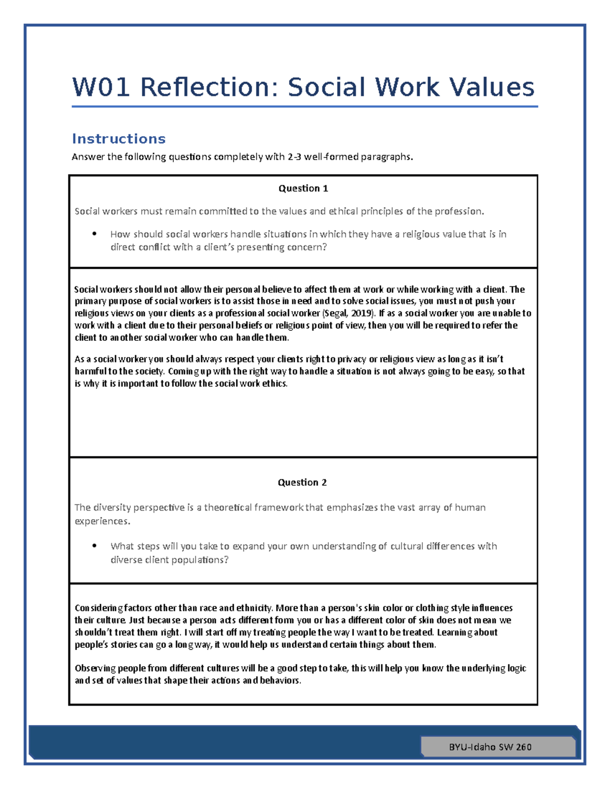 reflective assignment social work