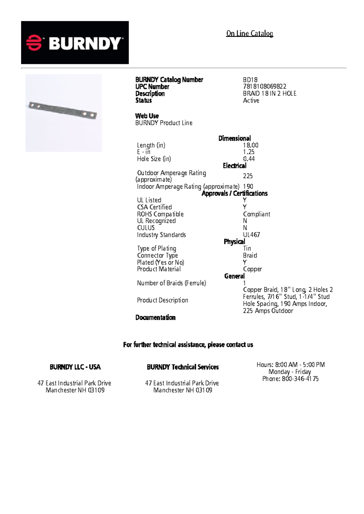 BD18 MANUAL On Line Catalog BURNDY Catalog Number BD UPC Number