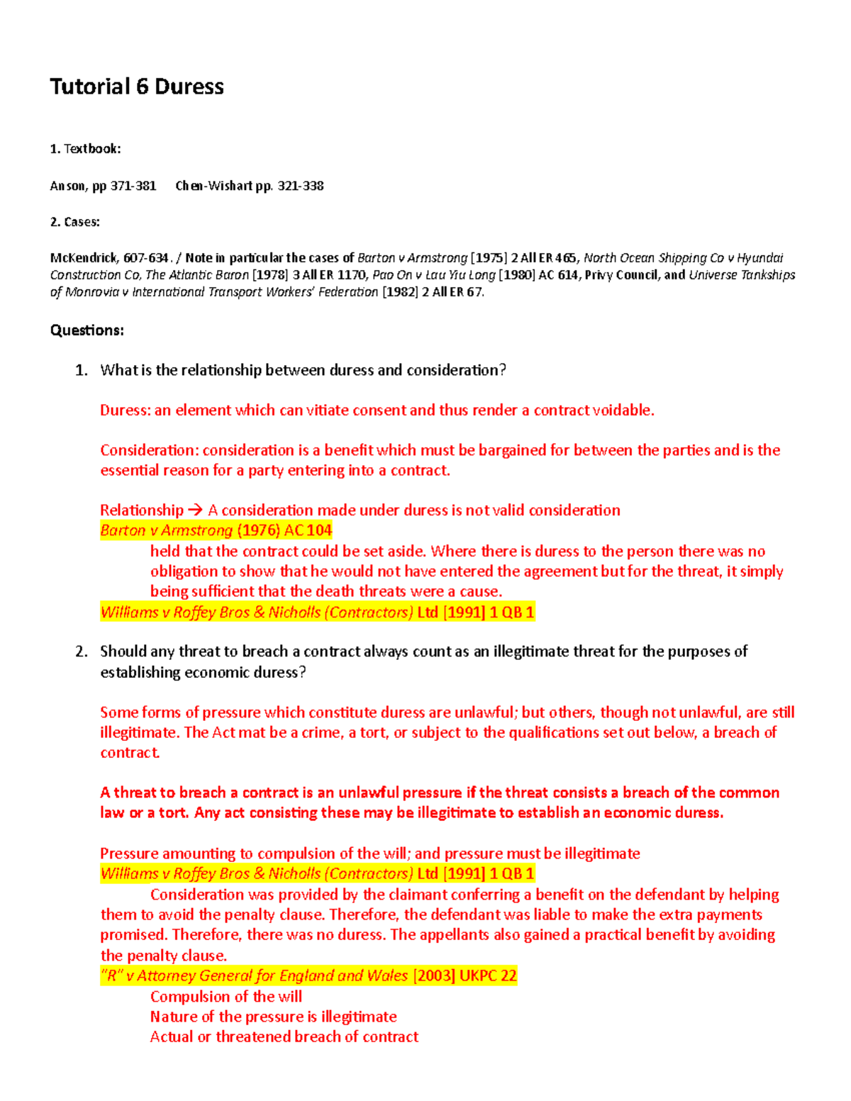 Tutorial 6 - Duress - Tutorial 6 Duress Textbook: Anson, Pp 371-381 ...