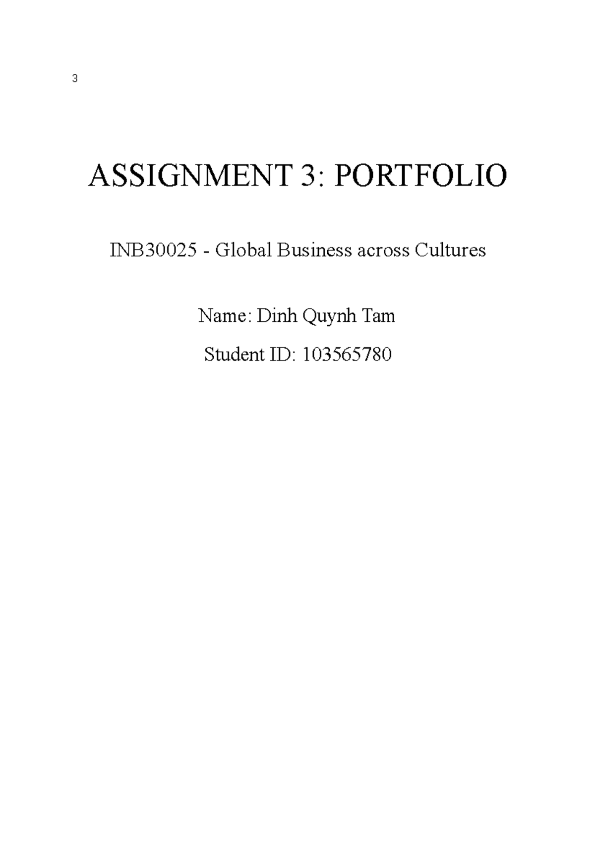 Assignment 3 Portfolio - 3 ASSIGNMENT 3: PORTFOLIO INB30025 - Global ...