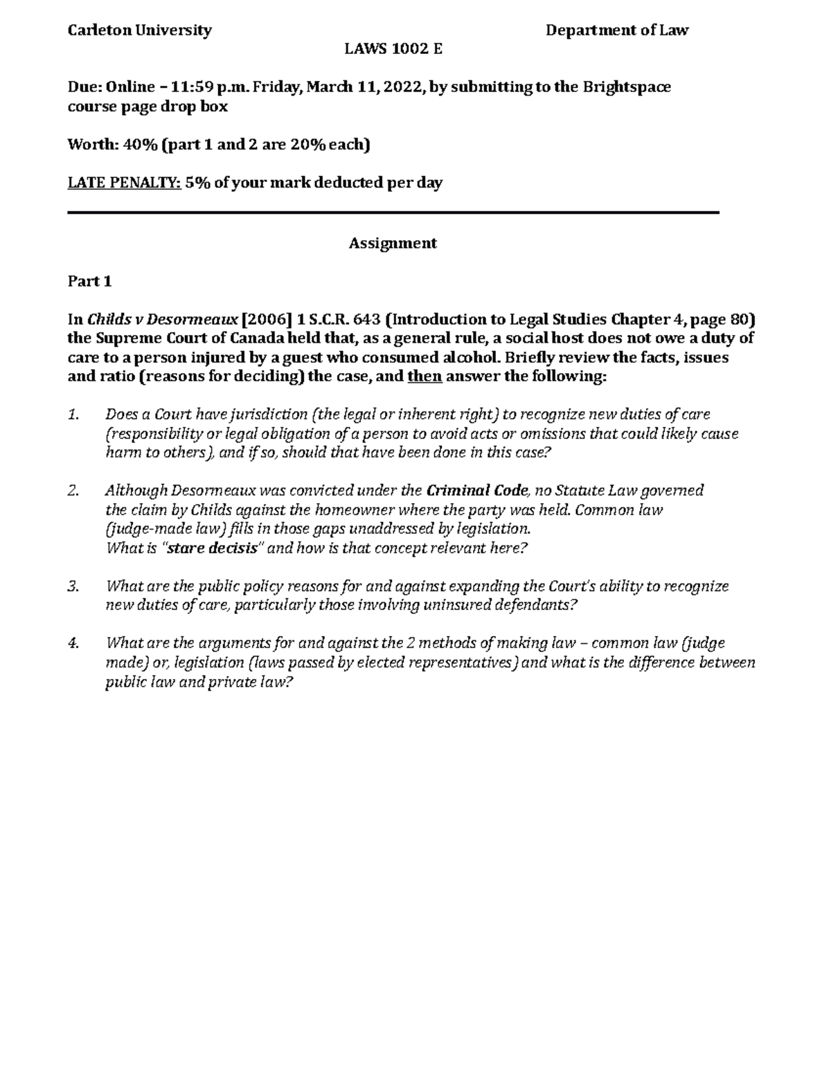 LAWS 1002 E Assignment - Winter 2022 DWOSKIN - Carleton University ...