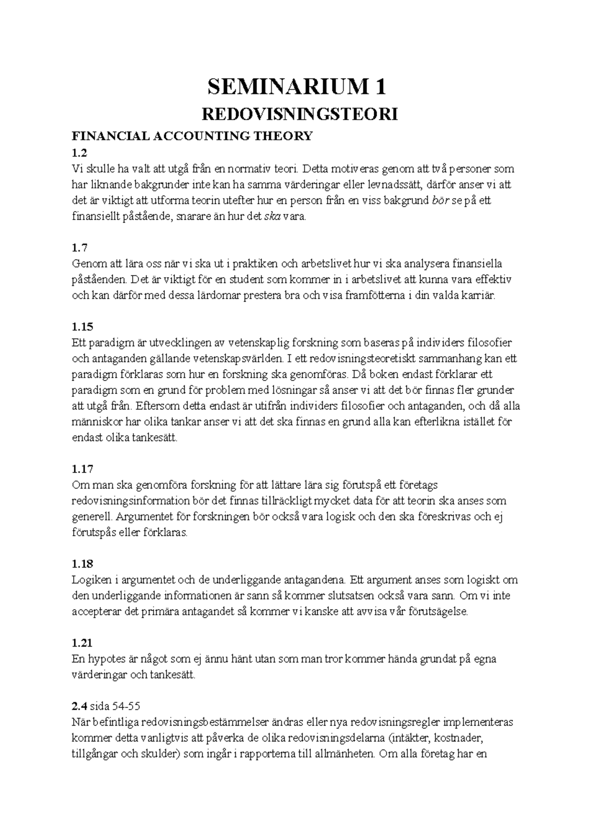 Seminarium 1 - SEMINARIUM 1 REDOVISNINGSTEORI FINANCIAL ACCOUNTING ...